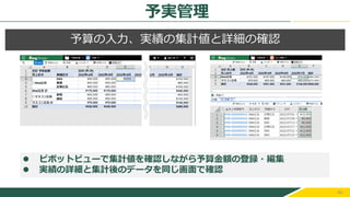 40
予算の入力、実績の集計値と詳細の確認
⚫ ピボットビューで集計値を確認しながら予算金額の登録・編集
⚫ 実績の詳細と集計後のデータを同じ画面で確認
予実管理
 