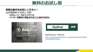 43
実際の動作をお試しください！
30日間無料でお試し可能
有償版と同一機能を利用可能
30日後に自動的に課金されることはありません
検索
RaySheet
https://appexchangejp.salesforce.com/appxListingDetail?listingId=
a0N3A00000ERkgOUAT
AppExchange - RaySheet
無料のお試し版
 