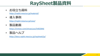 44
RaySheet製品資料
• お役立ち資料
https://raykit.mescius.jp/material/
• 導入事例
https://raykit.mescius.jp/case/
• 製品動画
https://vimeo.com/showcase/5402846
• 製品ヘルプ
https://docs.raykit.mescius.jp/raysheet/ja/
 