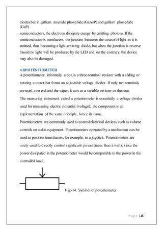 P a g e | 25
diodes but in gallium arsenide phosphide (GaAsP) and gallium phosphide
(GaP)
semiconductors, the electrons dissipate energy by emitting photons. If the
semiconductor is translucent, the junction becomes the sourceof light as it is
emitted, thus becoming a light-emitting diode, but when the junction is reverse
biased no light will be produced bythe LED and, on the contrary, the device
may also be damaged.
4.8POTENTIOMETER
A potentiometer, informally a pot, is a three-terminal resistor with a sliding or
rotating contactthat forms an adjustable voltage divider. If only two terminals
are used, one end and the wiper, it acts as a variable resistor or rheostat.
The measuring instrument called a potentiometer is essentially a voltage divider
used for measuring electric potential (voltage); the component is an
implementation of the same principle, hence its name.
Potentiometers are commonly used to controlelectrical devices such as volume
controls on audio equipment. Potentiometers operated by a mechanism can be
used as position transducers, for example, in a joystick. Potentiometers are
rarely used to directly control significant power (more than a watt), since the
power dissipated in the potentiometer would be comparable to the power in the
controlled load.
Fig:-14. Symbol of potentiometer
 