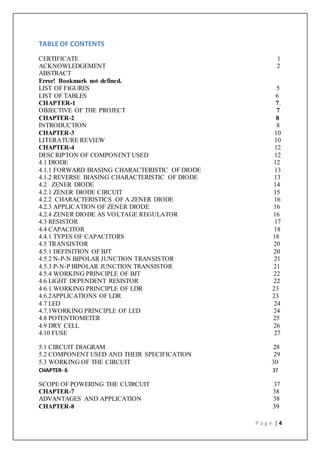P a g e | 4
TABLEOF CONTENTS
CERTIFICATE 1
ACKNOWLEDGEMENT 2
ABSTRACT
Error! Bookmark not defined.
LIST OF FIGURES 5
LIST OF TABLES 6
CHAPTER-1 7.
OBJECTIVE OF THE PROJECT 7
CHAPTER-2 8
INTRODUCTION 8
CHAPTER-3 10
LITERATURE REVIEW 10
CHAPTER-4 12
DESCRIPTON OF COMPONENT USED 12
4.1 DIODE 12
4.1.1 FORWARD BIASING CHARACTERISTIC OF DIODE 13
4.1.2 REVERSE BIASING CHARACTERISTIC OF DIODE 13
4.2 ZENER DIODE 14
4.2.1 ZENER DIODE CIRCUIT 15
4.2.2 CHARACTERISTICS OF A ZENER DIODE 16
4.2.3 APPLICATION OF ZENER DIODE 16
4.2.4 ZENER DIODE AS VOLTAGE REGULATOR 16
4.3 RESISTOR 17
4.4 CAPACITOR 18
4.4.1 TYPES OF CAPACITORS 18
4.5 TRANSISTOR 20
4.5.1 DEFINITION OF BJT 20
4.5.2 N-P-N BIPOLAR JUNCTION TRANSISTOR 21
4.5.3 P-N-P BIPOLAR JUNCTION TRANSISTOR 21
4.5.4 WORKING PRINCIPLE OF BJT 22
4.6 LIGHT DEPENDENT RESISTOR 22
4.6.1 WORKING PRINCIPLE OF LDR 23
4.6.2APPLICATIONS OF LDR 23
4.7 LED 24
4.7.1WORKING PRINCIPLE OF LED 24
4.8 POTENTIOMETER 25
4.9 DRY CELL 26
4.10 FUSE 27
5.1 CIRCUIT DIAGRAM 28
5.2 COMPONENT USED AND THEIR SPECIFICATION 29
5.3 WORKING OF THE CIRCUIT 30
CHAPTER- 6 37
SCOPE OF POWERING THE CUIRCUIT 37
CHAPTER-7 38
ADVANTAGES AND APPLICATION 38
CHAPTER-8 39
 