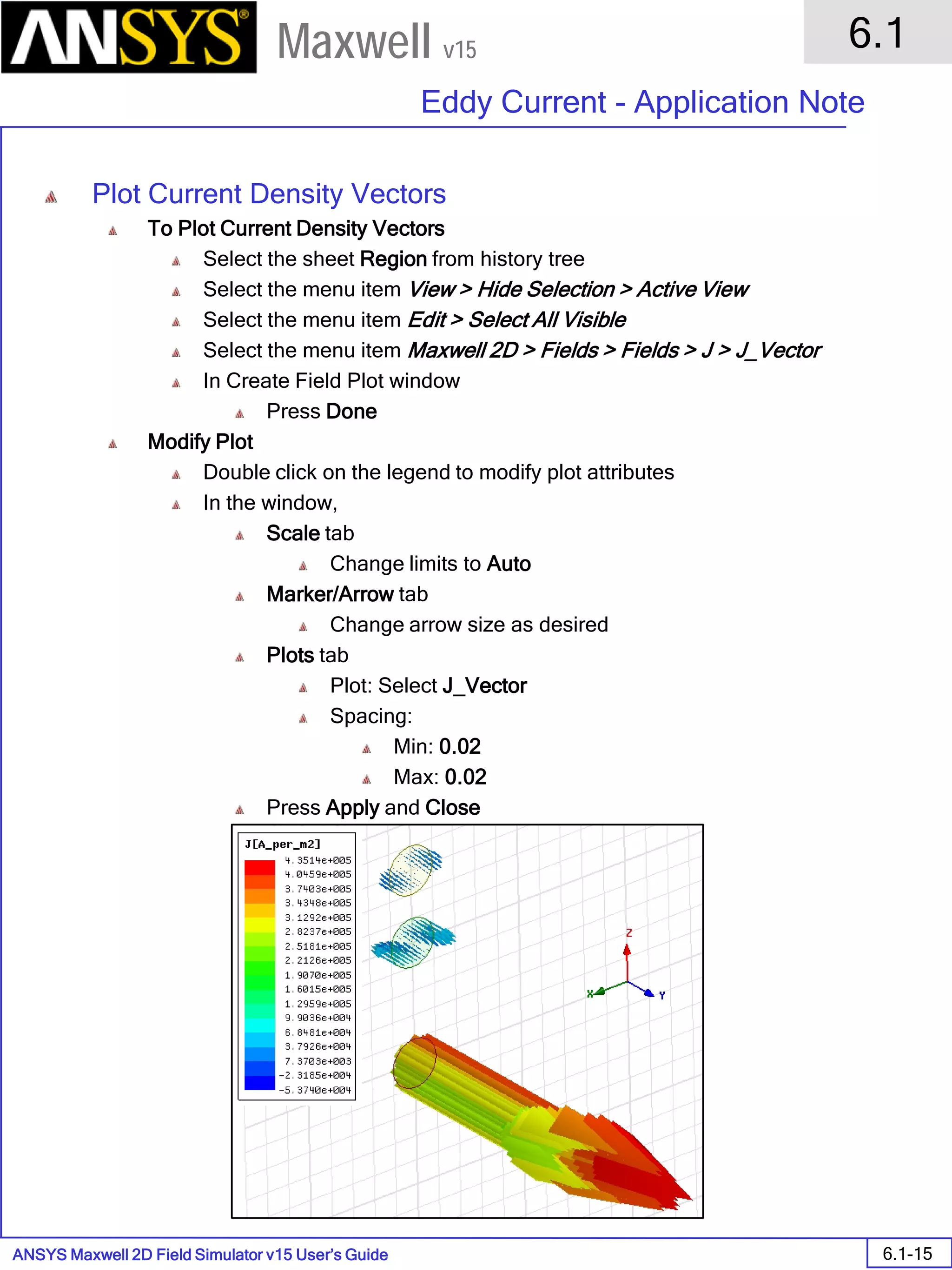 ANSYS Maxwell 2D Field Simulator v15 User’s Guide
6.1
Eddy Current - Application Note
6.1-15
Maxwell v15
Plot Current Density Vectors
To Plot Current Density Vectors
Select the sheet Region from history tree
Select the menu item View > Hide Selection > Active View
Select the menu item Edit > Select All Visible
Select the menu item Maxwell 2D > Fields > Fields > J > J_Vector
In Create Field Plot window
Press Done
Modify Plot
Double click on the legend to modify plot attributes
In the window,
Scale tab
Change limits to Auto
Marker/Arrow tab
Change arrow size as desired
Plots tab
Plot: Select J_Vector
Spacing:
Min: 0.02
Max: 0.02
Press Apply and Close
 