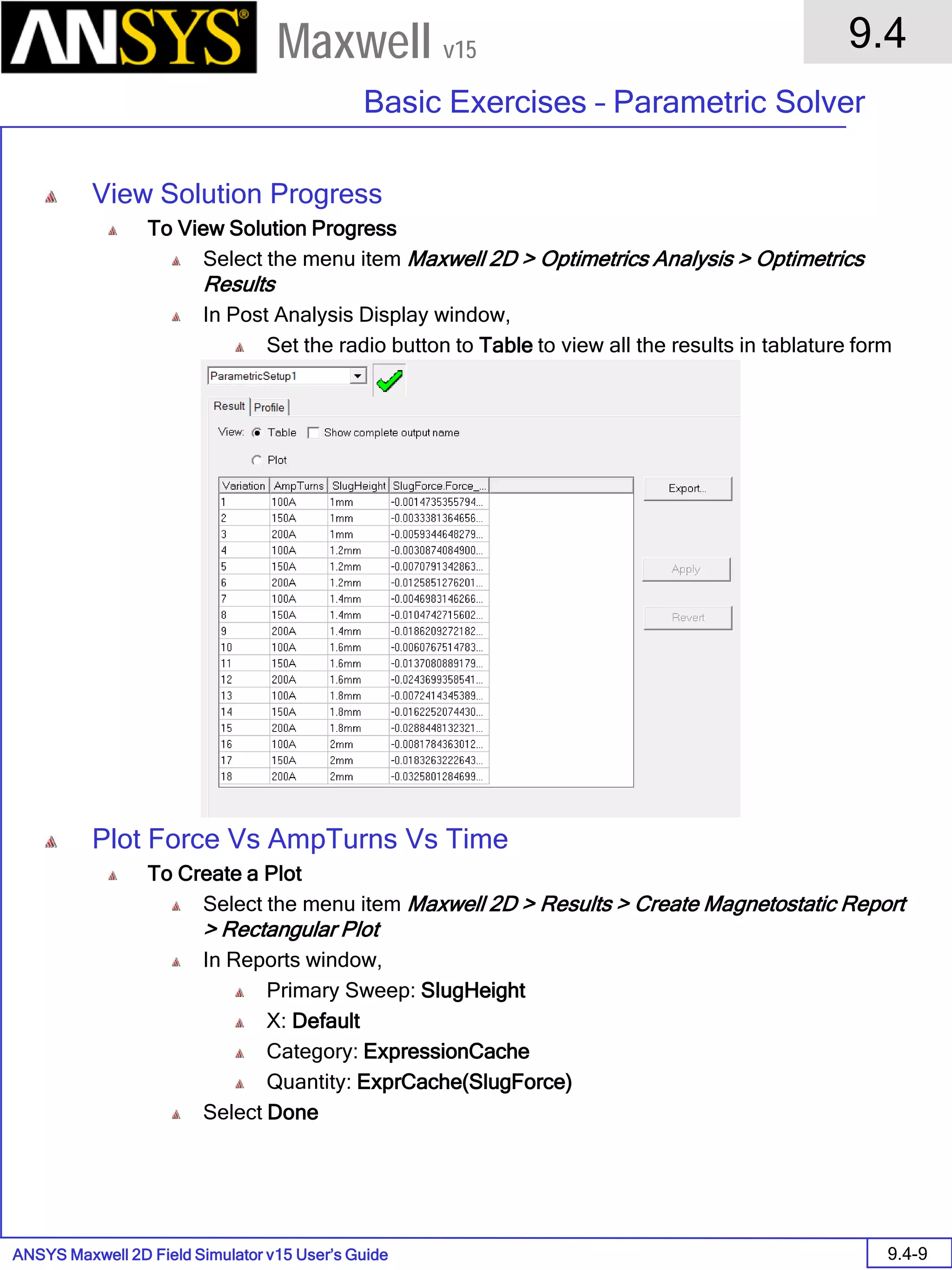 ANSYS Maxwell 2D Field Simulator v15 User’s Guide
9.4
Basic Exercises – Parametric Solver
9.4-9
Maxwell v15
View Solution Progress
To View Solution Progress
Select the menu item Maxwell 2D > Optimetrics Analysis > Optimetrics
Results
In Post Analysis Display window,
Set the radio button to Table to view all the results in tablature form
Plot Force Vs AmpTurns Vs Time
To Create a Plot
Select the menu item Maxwell 2D > Results > Create Magnetostatic Report
> Rectangular Plot
In Reports window,
Primary Sweep: SlugHeight
X: Default
Category: ExpressionCache
Quantity: ExprCache(SlugForce)
Select Done
 