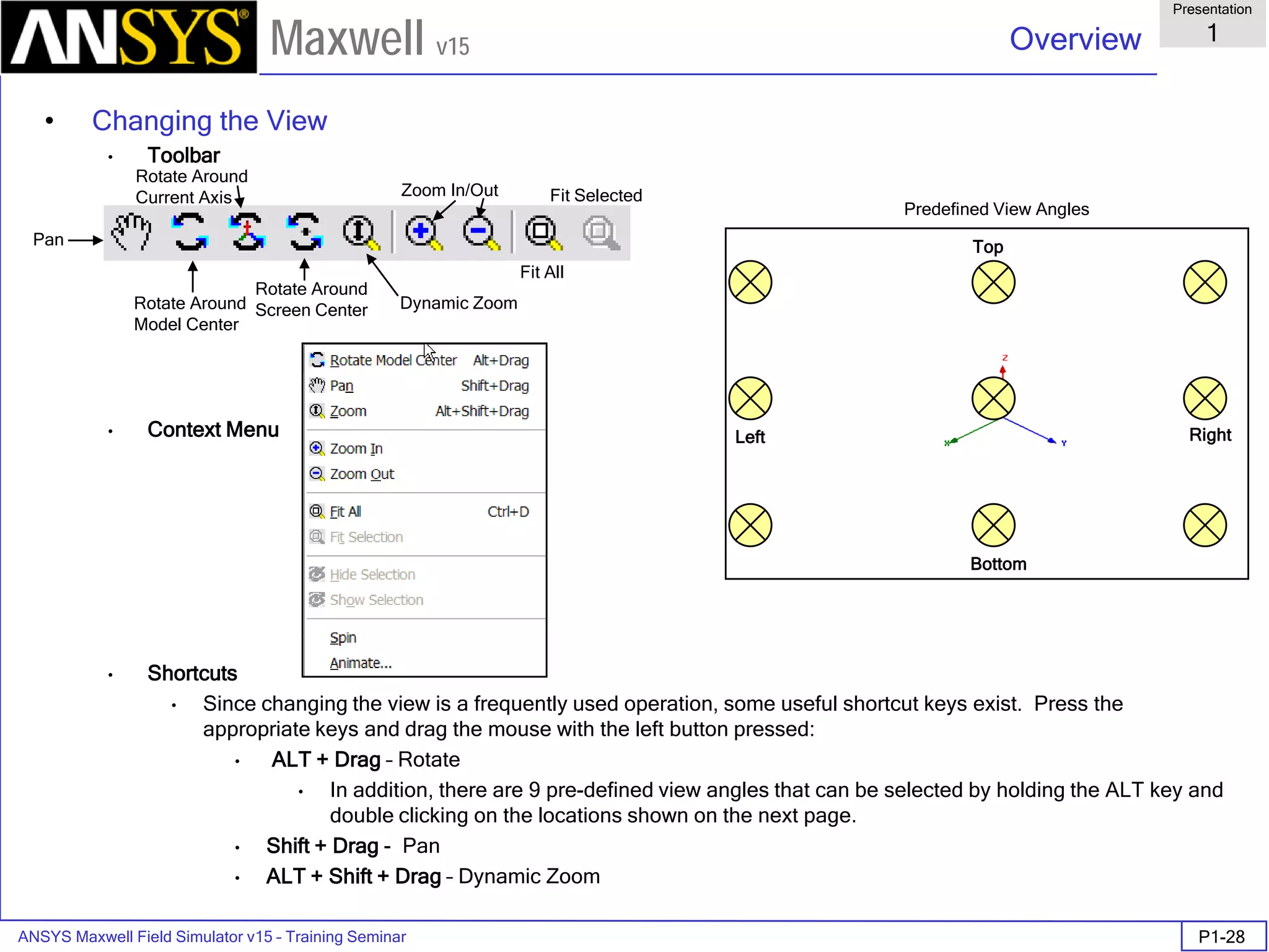 ANSYS Maxwell Field Simulator v15 – Training Seminar P1-28
Overview
Presentation
1
Maxwell v15
• Changing the View
• Toolbar
• Context Menu
• Shortcuts
• Since changing the view is a frequently used operation, some useful shortcut keys exist. Press the
appropriate keys and drag the mouse with the left button pressed:
• ALT + Drag – Rotate
• In addition, there are 9 pre-defined view angles that can be selected by holding the ALT key and
double clicking on the locations shown on the next page.
• Shift + Drag - Pan
• ALT + Shift + Drag – Dynamic Zoom
Pan
Rotate Around
Model Center
Dynamic Zoom
Zoom In/Out
Top
Bottom
Right
Predefined View Angles
Left
Rotate Around
Current Axis
Rotate Around
Screen Center
Fit All
Fit Selected
 