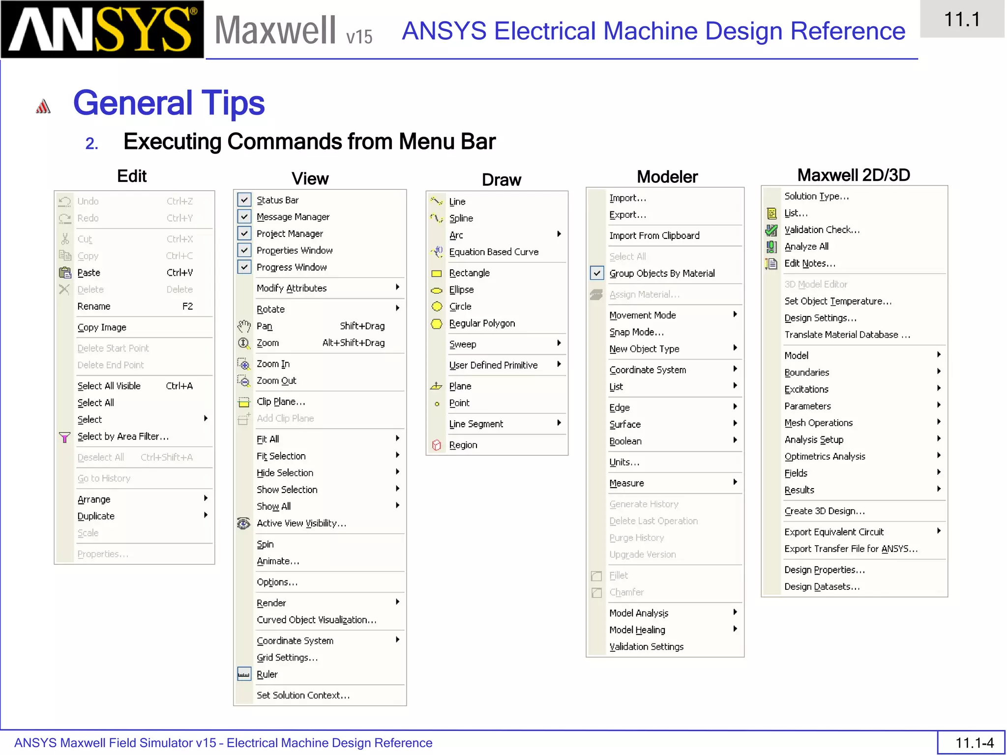 ANSYS Maxwell Field Simulator v15 – Electrical Machine Design Reference 11.1-4
ANSYS Electrical Machine Design Reference
11.1
Maxwell v15
General Tips
2. Executing Commands from Menu Bar
Edit View Draw Modeler Maxwell 2D/3D
 