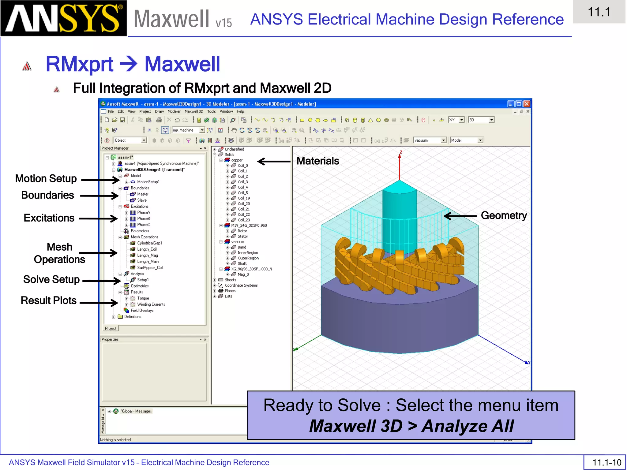 ANSYS Maxwell Field Simulator v15 – Electrical Machine Design Reference 11.1-10
ANSYS Electrical Machine Design Reference
11.1
Maxwell v15
RMxprt  Maxwell
Full Integration of RMxprt and Maxwell 2D
Motion Setup
Boundaries
Excitations
Mesh
Operations
Solve Setup
Result Plots
Materials
Geometry
Ready to Solve : Select the menu item
Maxwell 3D > Analyze All
 