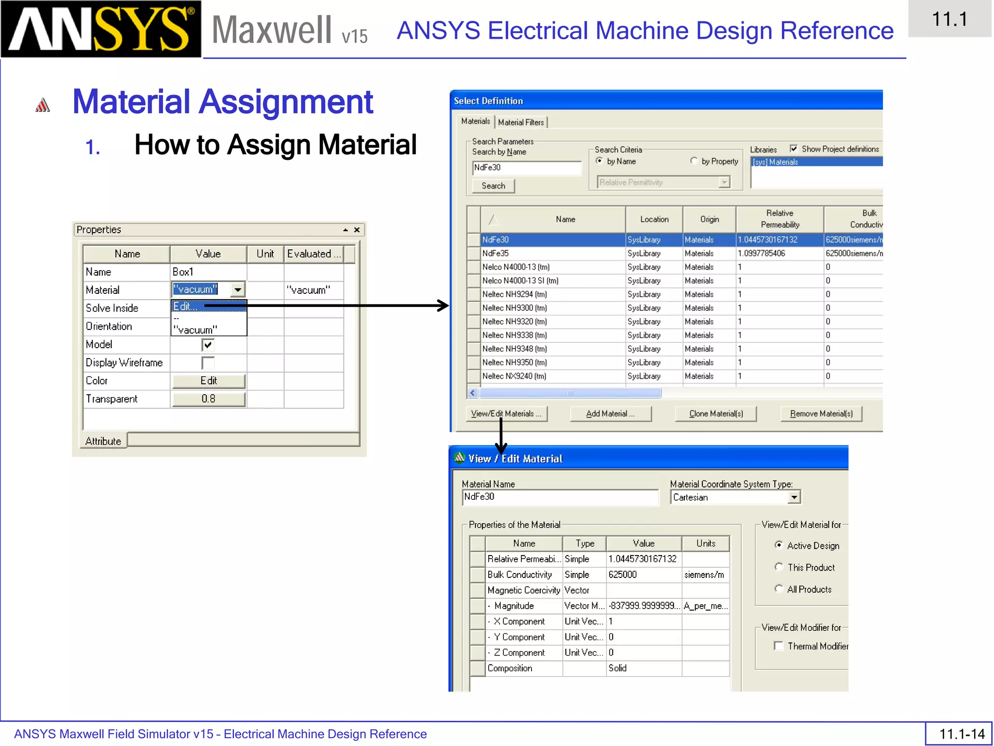 ANSYS Maxwell Field Simulator v15 – Electrical Machine Design Reference 11.1-14
ANSYS Electrical Machine Design Reference
11.1
Maxwell v15
Material Assignment
1. How to Assign Material
 