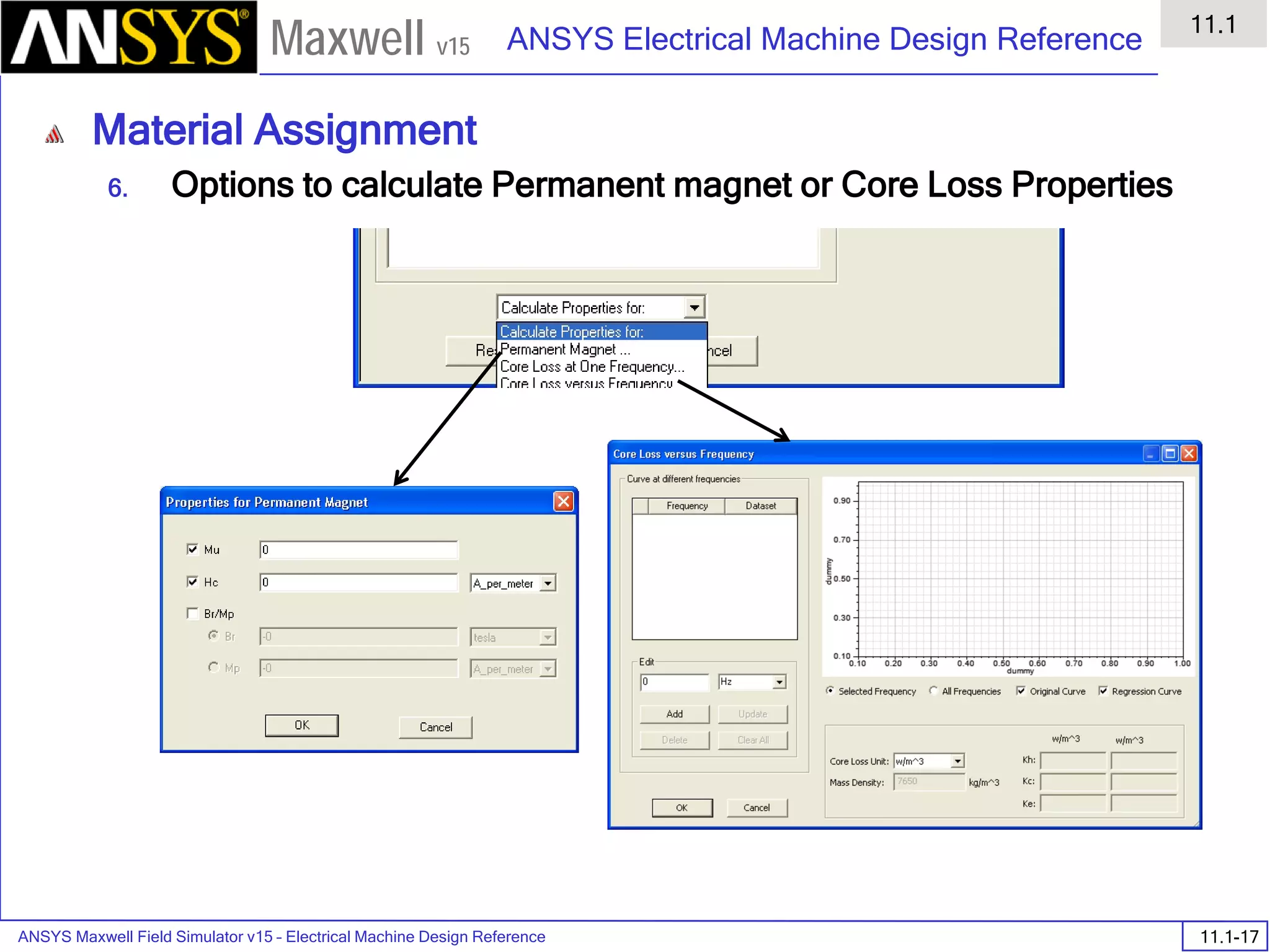 ANSYS Maxwell Field Simulator v15 – Electrical Machine Design Reference 11.1-17
ANSYS Electrical Machine Design Reference
11.1
Maxwell v15
Material Assignment
6. Options to calculate Permanent magnet or Core Loss Properties
 