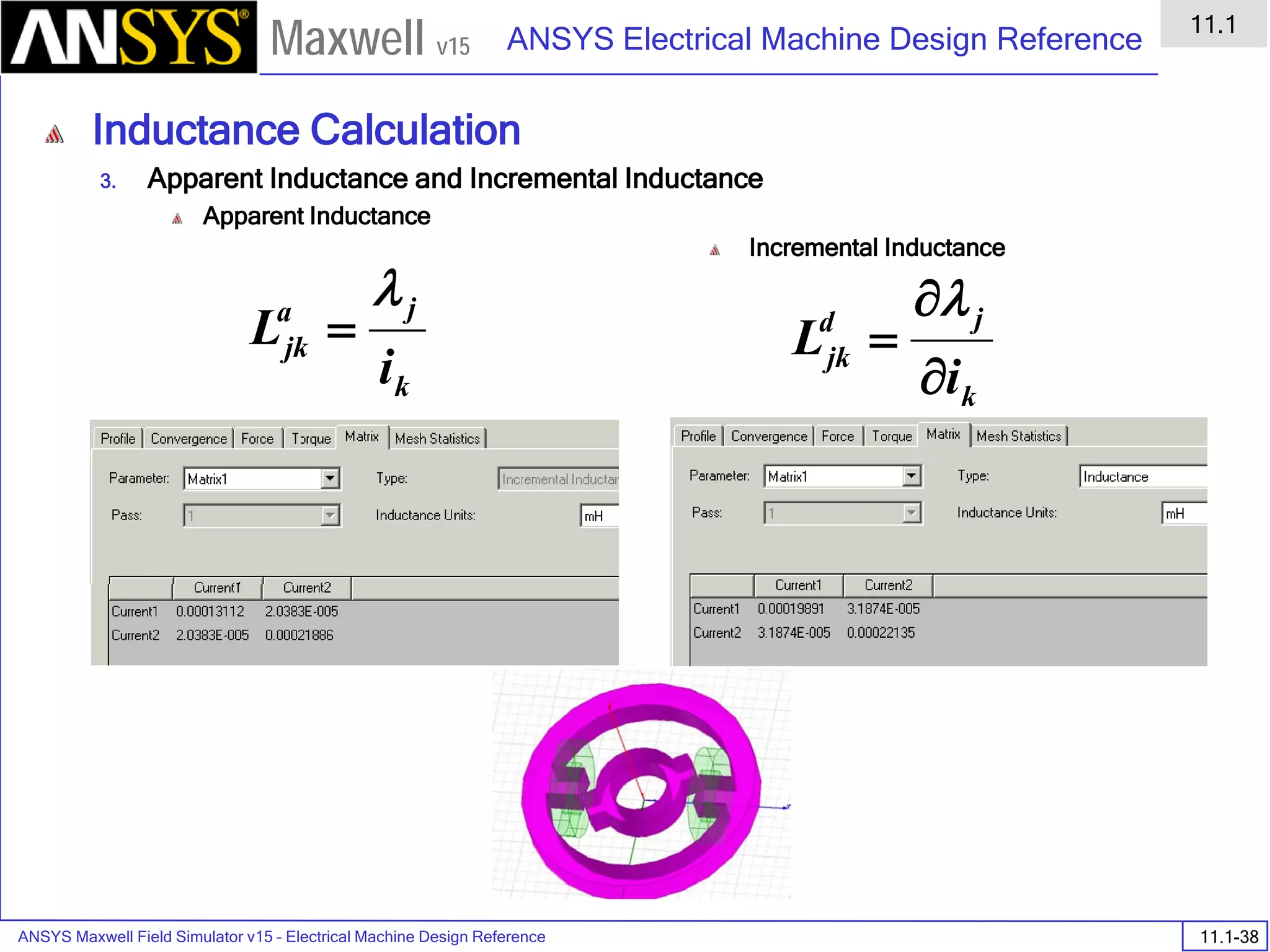 ANSYS Maxwell Field Simulator v15 – Electrical Machine Design Reference 11.1-38
ANSYS Electrical Machine Design Reference
11.1
Maxwell v15
Inductance Calculation
3. Apparent Inductance and Incremental Inductance
Apparent Inductance
Incremental Inductance
k
ja
jk
i
L
λ
=
k
jd
jk
i
L
∂
∂
=
λ
 