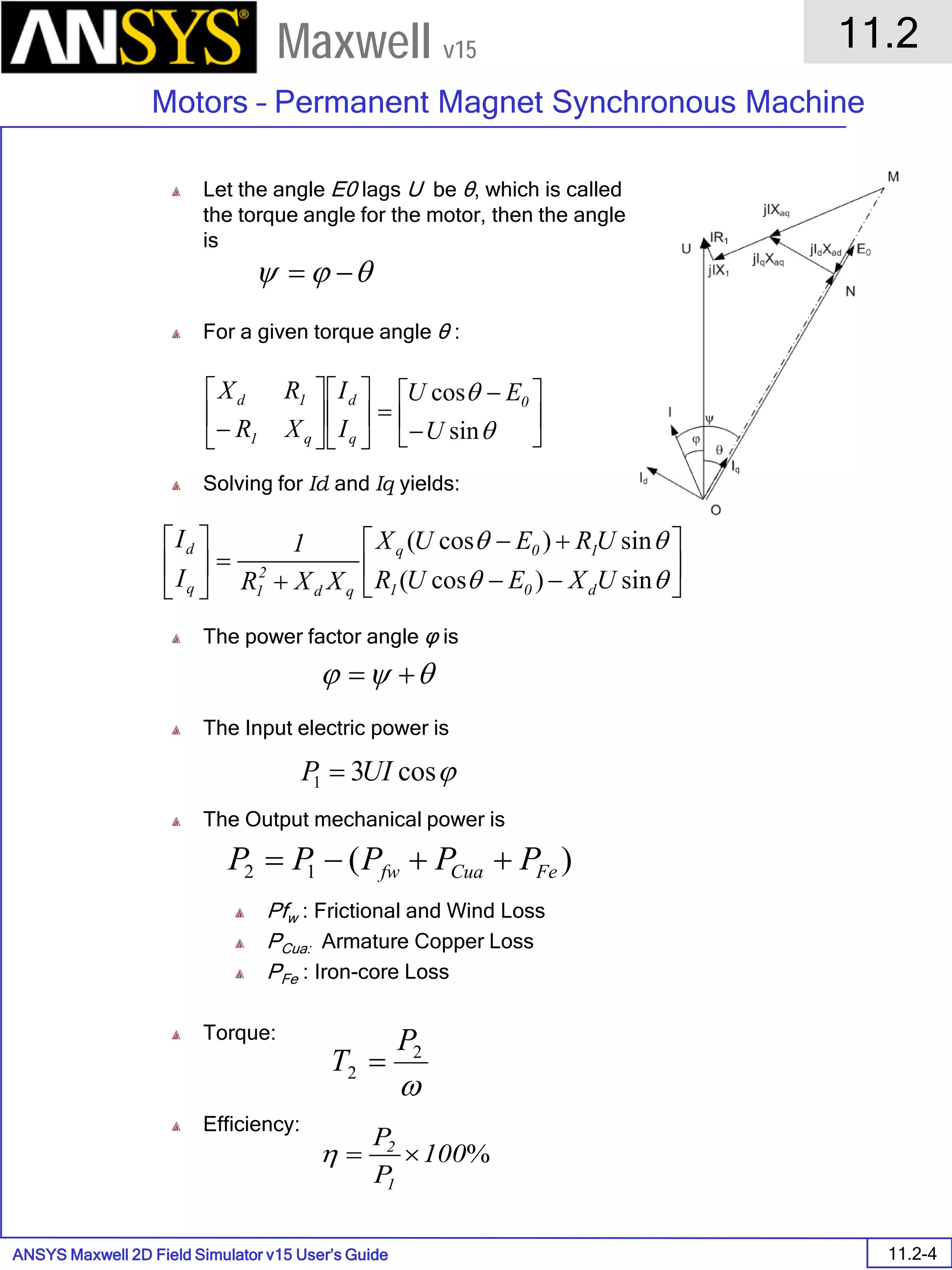 ANSYS Maxwell 2D Field Simulator v15 User’s Guide
11.2
Motors – Permanent Magnet Synchronous Machine
11.2-4
Maxwell v15
Let the angle E0 lags U be θ, which is called
the torque angle for the motor, then the angle ψ
is
For a given torque angle θ :
Solving for Id and Iq yields:
The power factor angle φ is
The Input electric power is
The Output mechanical power is
Pfw : Frictional and Wind Loss
PCua: Armature Copper Loss
PFe : Iron-core Loss
Torque:
Efficiency:
θϕψ −=






−
−
=











− θ
θ
sin
cos
U
EU
I
I
XR
RX 0
q
d
q1
1d






−−
+−
+
=





θθ
θθ
sin)cos(
sin)cos(
UXEUR
UREUX
XXR
1
I
I
d01
10q
qd
2
1q
d
θψϕ +=
ϕcos31 UIP =
)(12 FeCuafw PPPPP ++−=
ω
2
2
P
T =
%100
P
P
1
2
×=η
 