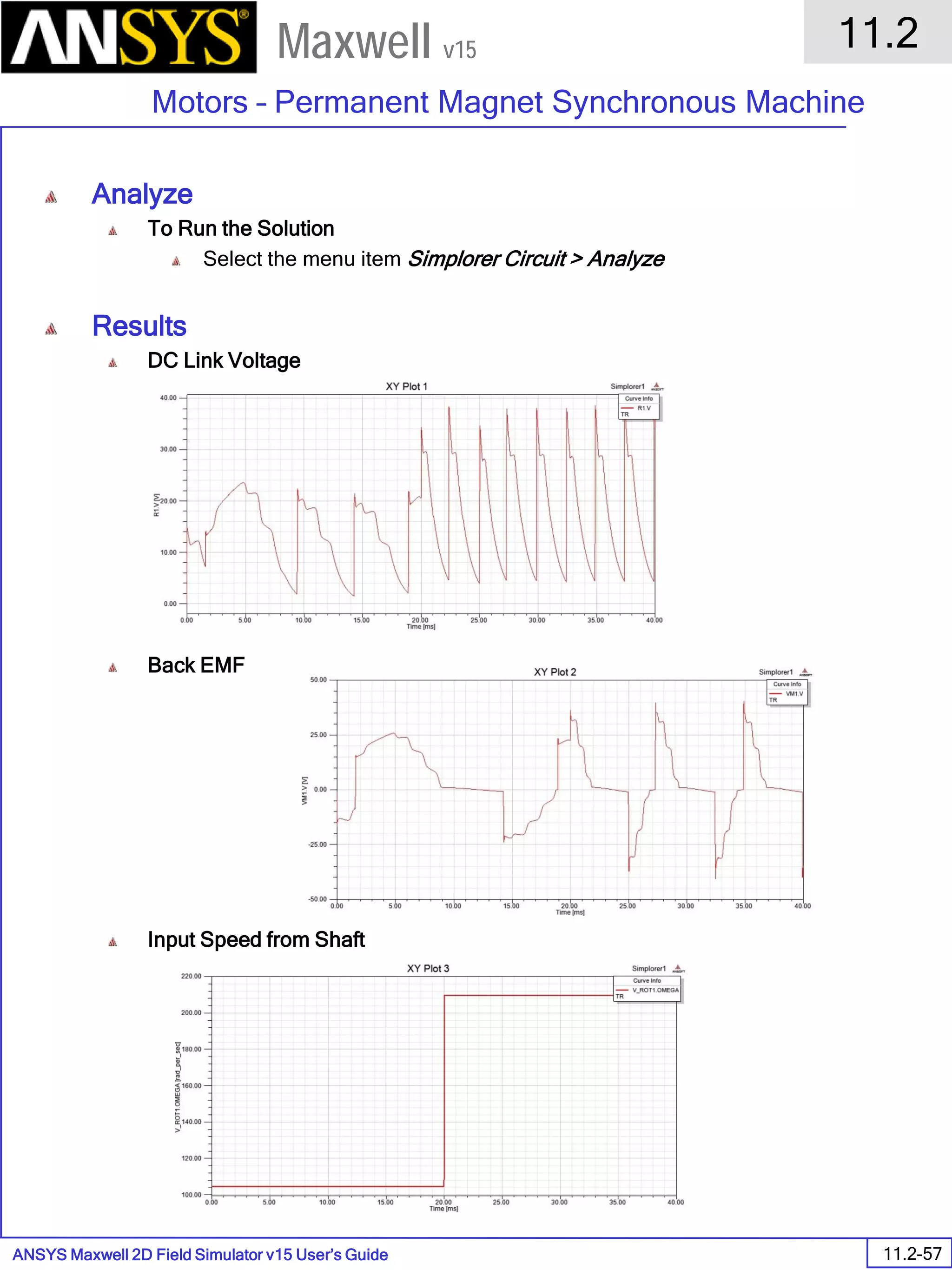ANSYS Maxwell 2D Field Simulator v15 User’s Guide
11.2
Motors – Permanent Magnet Synchronous Machine
11.2-57
Maxwell v15
Analyze
To Run the Solution
Select the menu item Simplorer Circuit > Analyze
Results
DC Link Voltage
Back EMF
Input Speed from Shaft
 