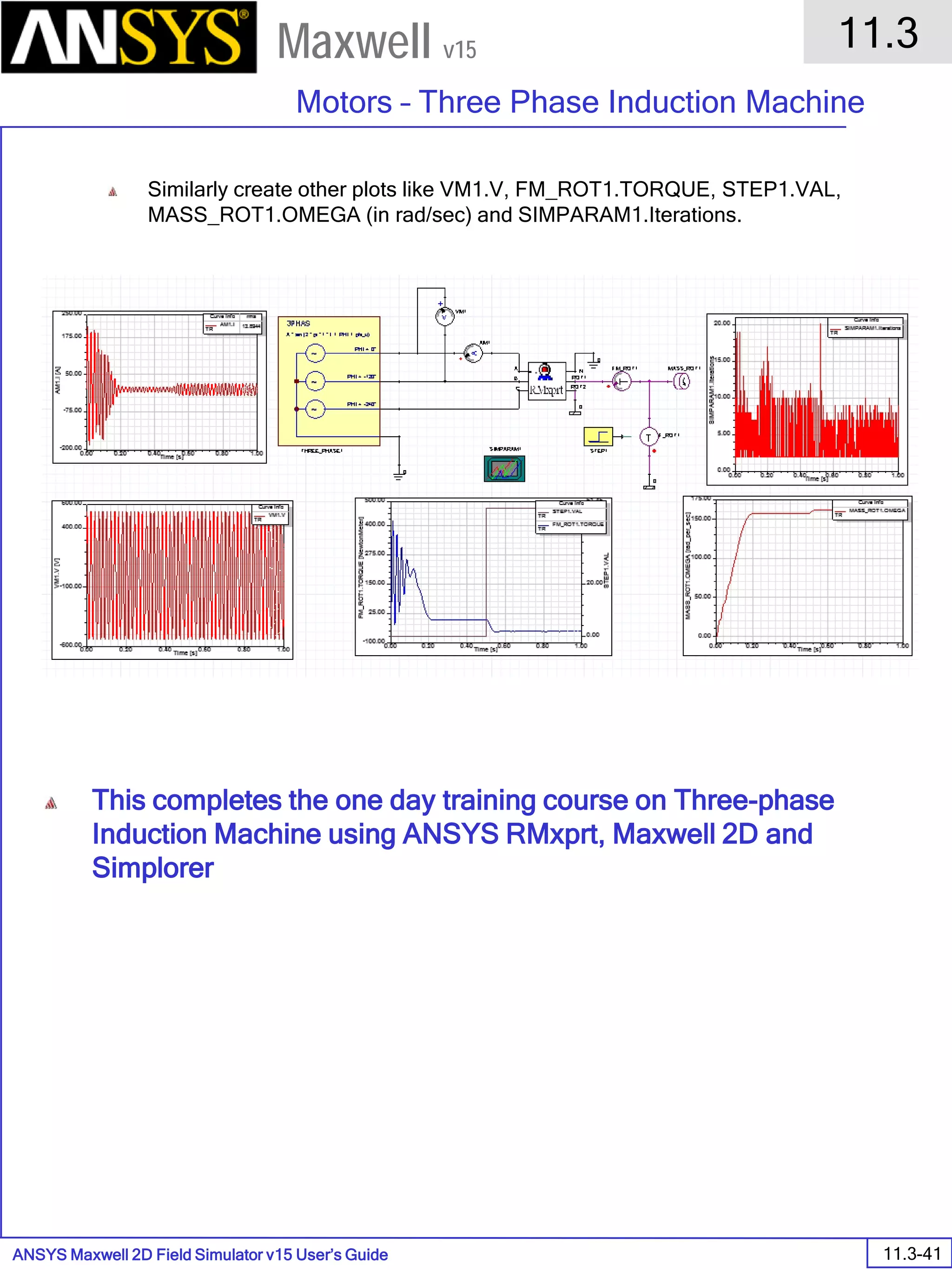 ANSYS Maxwell 2D Field Simulator v15 User’s Guide
11.3
Motors – Three Phase Induction Machine
11.3-41
Maxwell v15
Similarly create other plots like VM1.V, FM_ROT1.TORQUE, STEP1.VAL,
MASS_ROT1.OMEGA (in rad/sec) and SIMPARAM1.Iterations.
This completes the one day training course on Three-phase
Induction Machine using ANSYS RMxprt, Maxwell 2D and
Simplorer
 