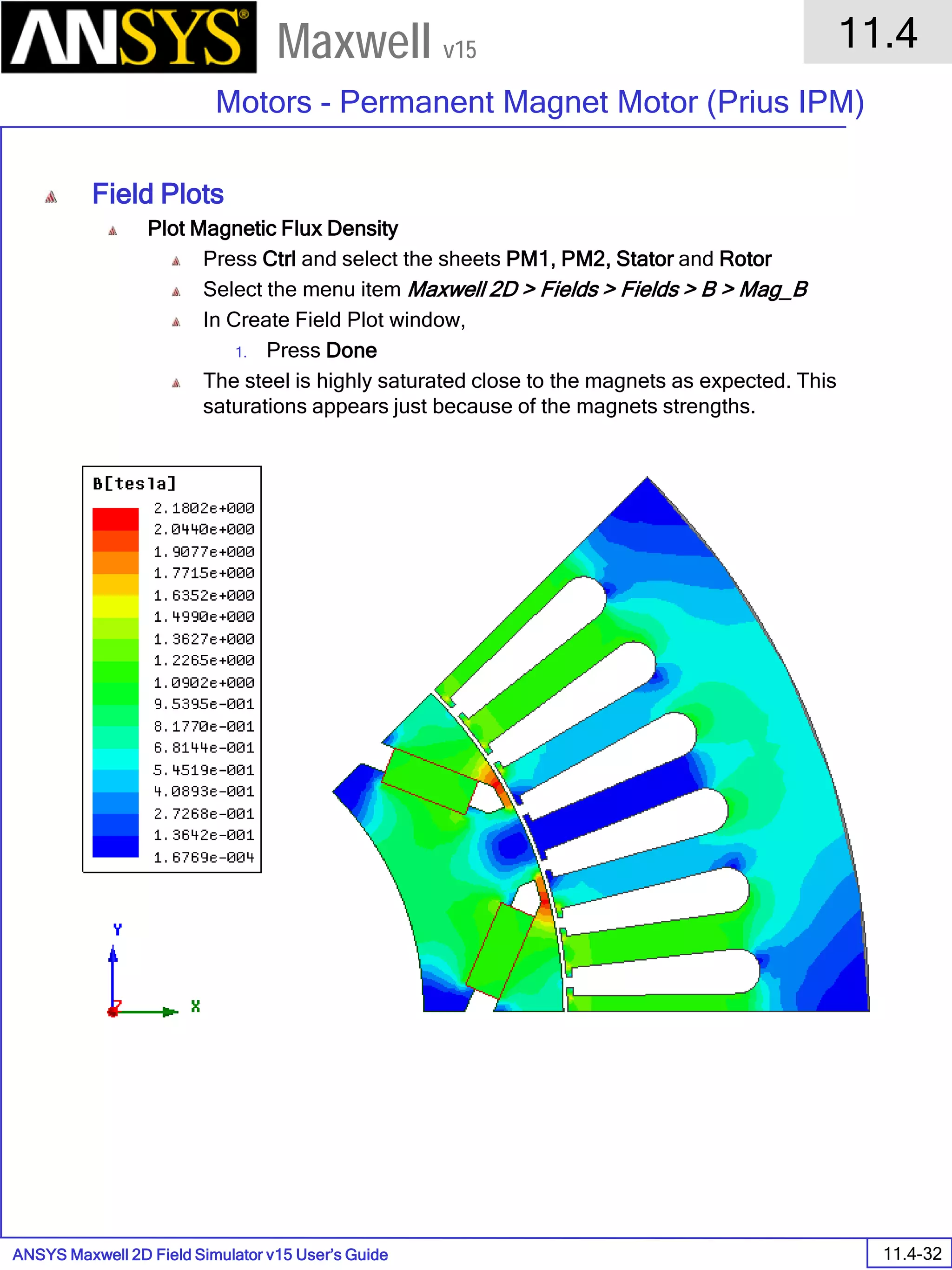 ANSYS Maxwell 2D Field Simulator v15 User’s Guide
11.4
Motors - Permanent Magnet Motor (Prius IPM)
11.4-32
Maxwell v15
Field Plots
Plot Magnetic Flux Density
Press Ctrl and select the sheets PM1, PM2, Stator and Rotor
Select the menu item Maxwell 2D > Fields > Fields > B > Mag_B
In Create Field Plot window,
1. Press Done
The steel is highly saturated close to the magnets as expected. This
saturations appears just because of the magnets strengths.
 