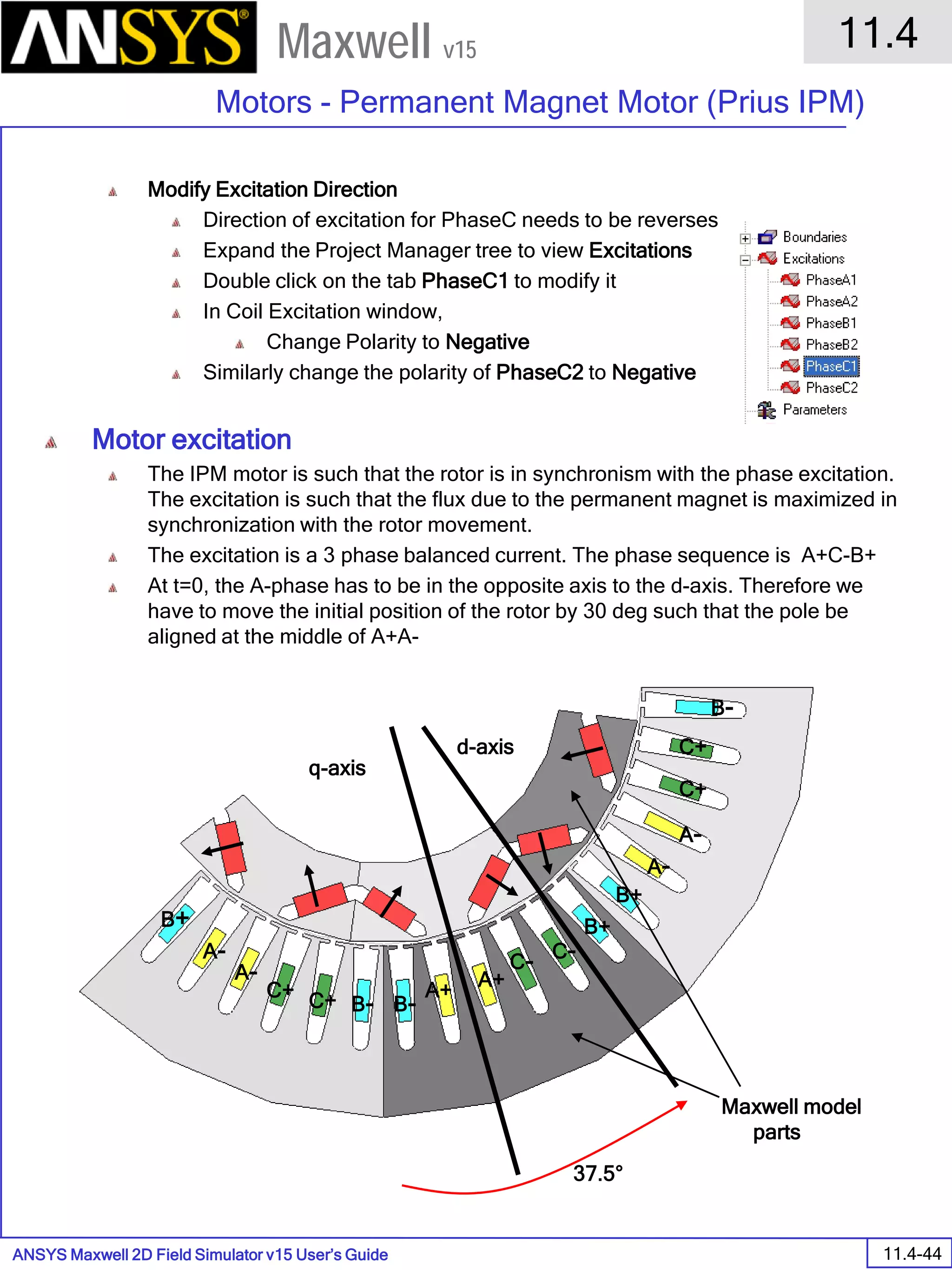ANSYS Maxwell 2D Field Simulator v15 User’s Guide
11.4
Motors - Permanent Magnet Motor (Prius IPM)
11.4-44
Maxwell v15
Modify Excitation Direction
Direction of excitation for PhaseC needs to be reverses
Expand the Project Manager tree to view Excitations
Double click on the tab PhaseC1 to modify it
In Coil Excitation window,
Change Polarity to Negative
Similarly change the polarity of PhaseC2 to Negative
Motor excitation
The IPM motor is such that the rotor is in synchronism with the phase excitation.
The excitation is such that the flux due to the permanent magnet is maximized in
synchronization with the rotor movement.
The excitation is a 3 phase balanced current. The phase sequence is A+C-B+
At t=0, the A-phase has to be in the opposite axis to the d-axis. Therefore we
have to move the initial position of the rotor by 30 deg such that the pole be
aligned at the middle of A+A-
A+
A+
A-
A-
B+
B+
B- B-C+
C+
A-
A- C- C-
B+
C+
C+
d-axis
q-axis
B-
37.5°
Maxwell model
parts
 