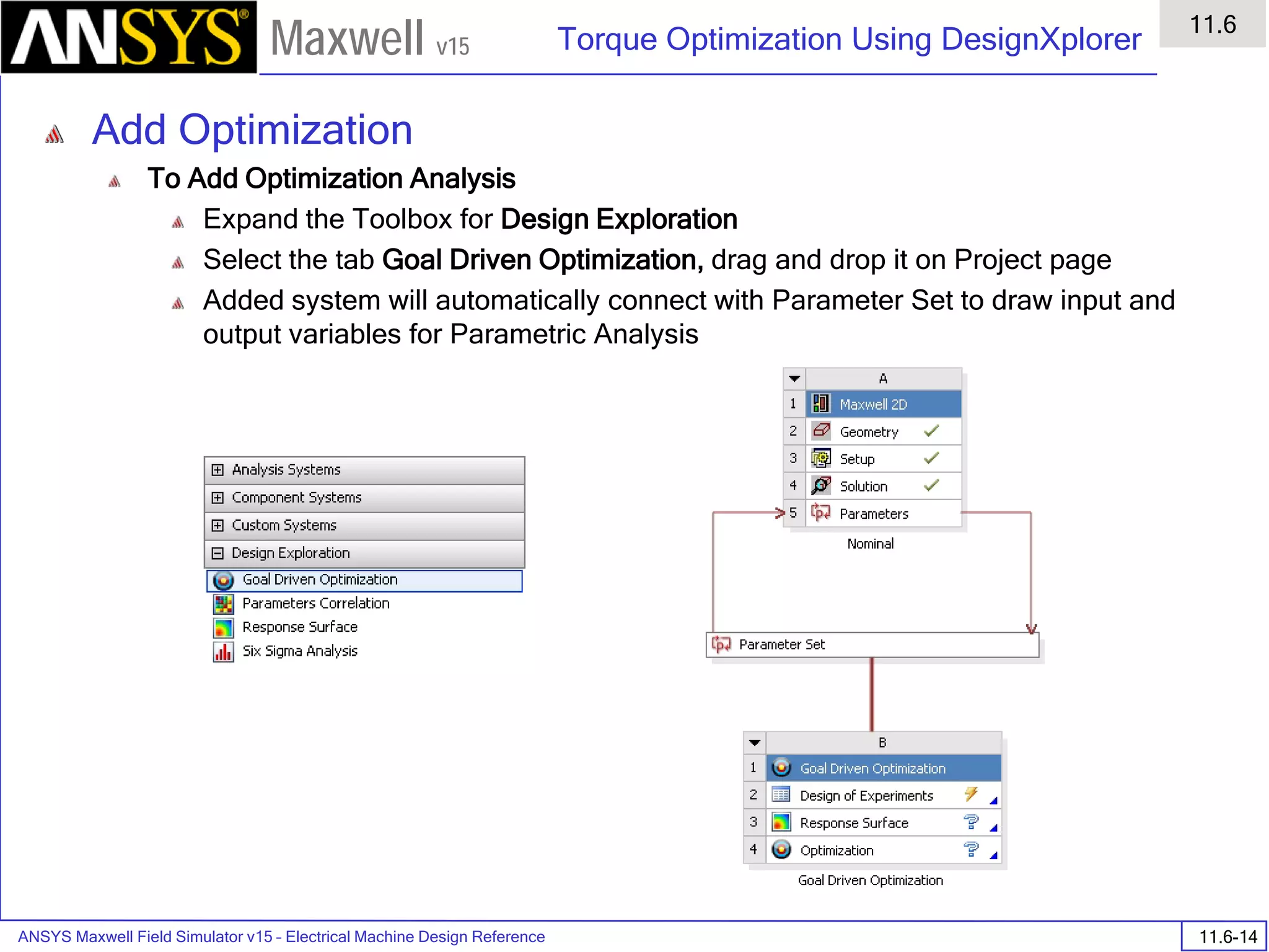 ANSYS Maxwell Field Simulator v15 – Electrical Machine Design Reference 11.6-14
Torque Optimization Using DesignXplorer
11.6
Maxwell v15
Add Optimization
To Add Optimization Analysis
Expand the Toolbox for Design Exploration
Select the tab Goal Driven Optimization, drag and drop it on Project page
Added system will automatically connect with Parameter Set to draw input and
output variables for Parametric Analysis
 