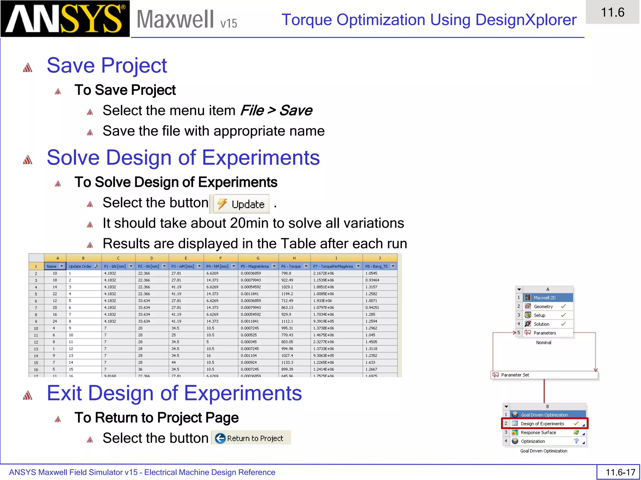 ANSYS Maxwell Field Simulator v15 – Electrical Machine Design Reference 11.6-17
Torque Optimization Using DesignXplorer
11.6
Maxwell v15
Save Project
To Save Project
Select the menu item File > Save
Save the file with appropriate name
Solve Design of Experiments
To Solve Design of Experiments
Select the button .
It should take about 20min to solve all variations
Results are displayed in the Table after each run
Exit Design of Experiments
To Return to Project Page
Select the button
 