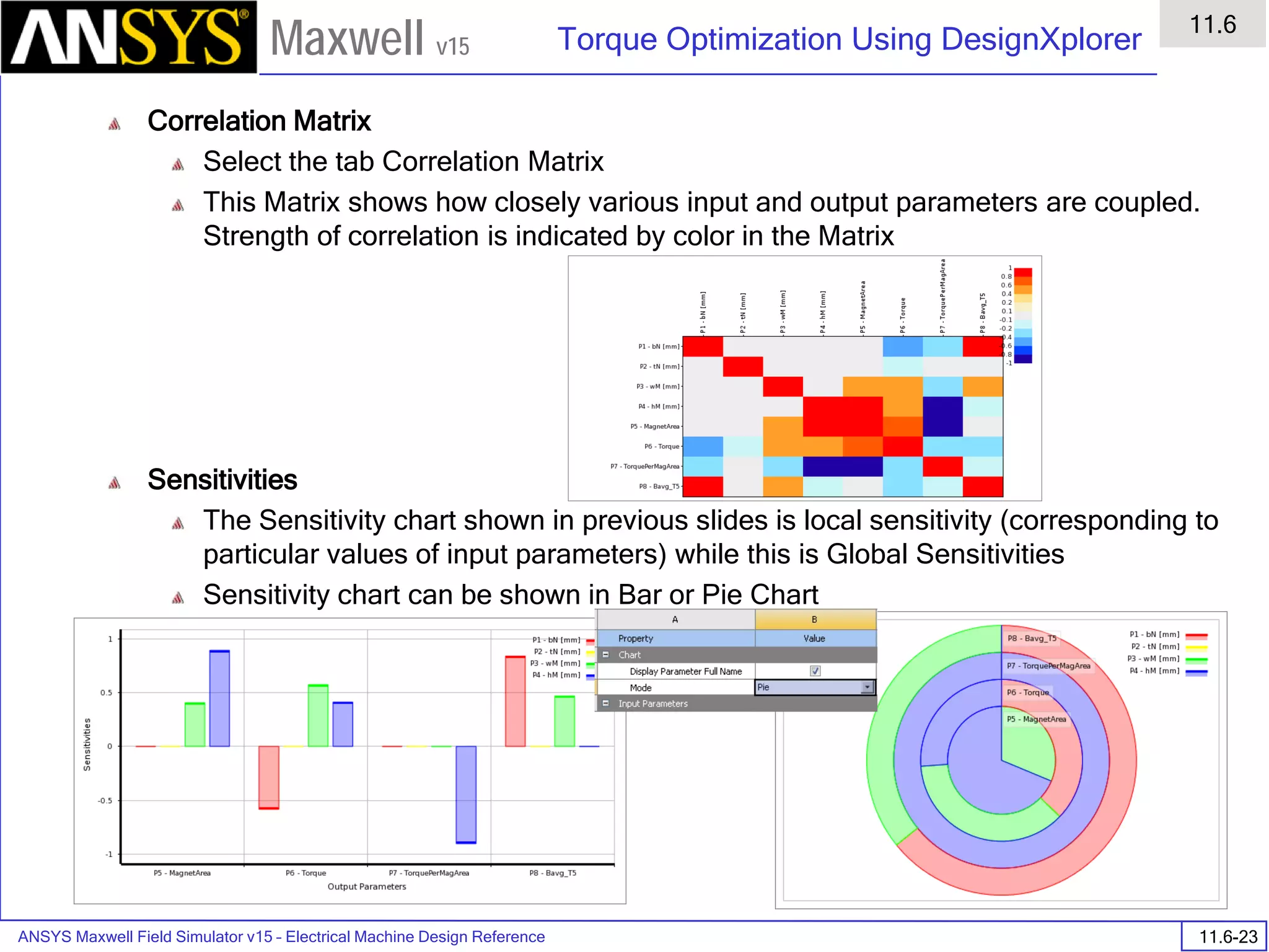 ANSYS Maxwell Field Simulator v15 – Electrical Machine Design Reference 11.6-23
Torque Optimization Using DesignXplorer
11.6
Maxwell v15
Correlation Matrix
Select the tab Correlation Matrix
This Matrix shows how closely various input and output parameters are coupled.
Strength of correlation is indicated by color in the Matrix
Sensitivities
The Sensitivity chart shown in previous slides is local sensitivity (corresponding to
particular values of input parameters) while this is Global Sensitivities
Sensitivity chart can be shown in Bar or Pie Chart
 