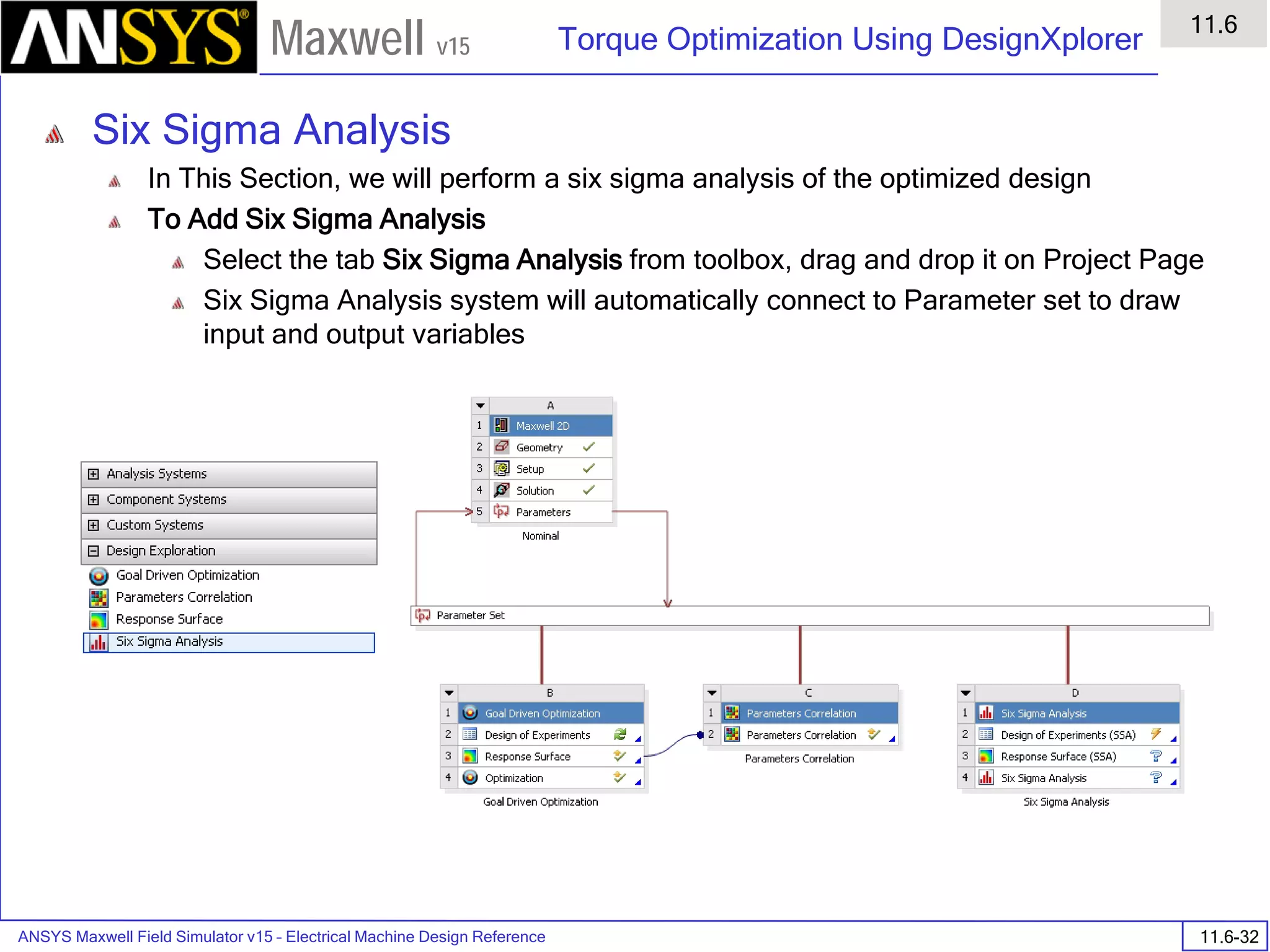 ANSYS Maxwell Field Simulator v15 – Electrical Machine Design Reference 11.6-32
Torque Optimization Using DesignXplorer
11.6
Maxwell v15
Six Sigma Analysis
In This Section, we will perform a six sigma analysis of the optimized design
To Add Six Sigma Analysis
Select the tab Six Sigma Analysis from toolbox, drag and drop it on Project Page
Six Sigma Analysis system will automatically connect to Parameter set to draw
input and output variables
 