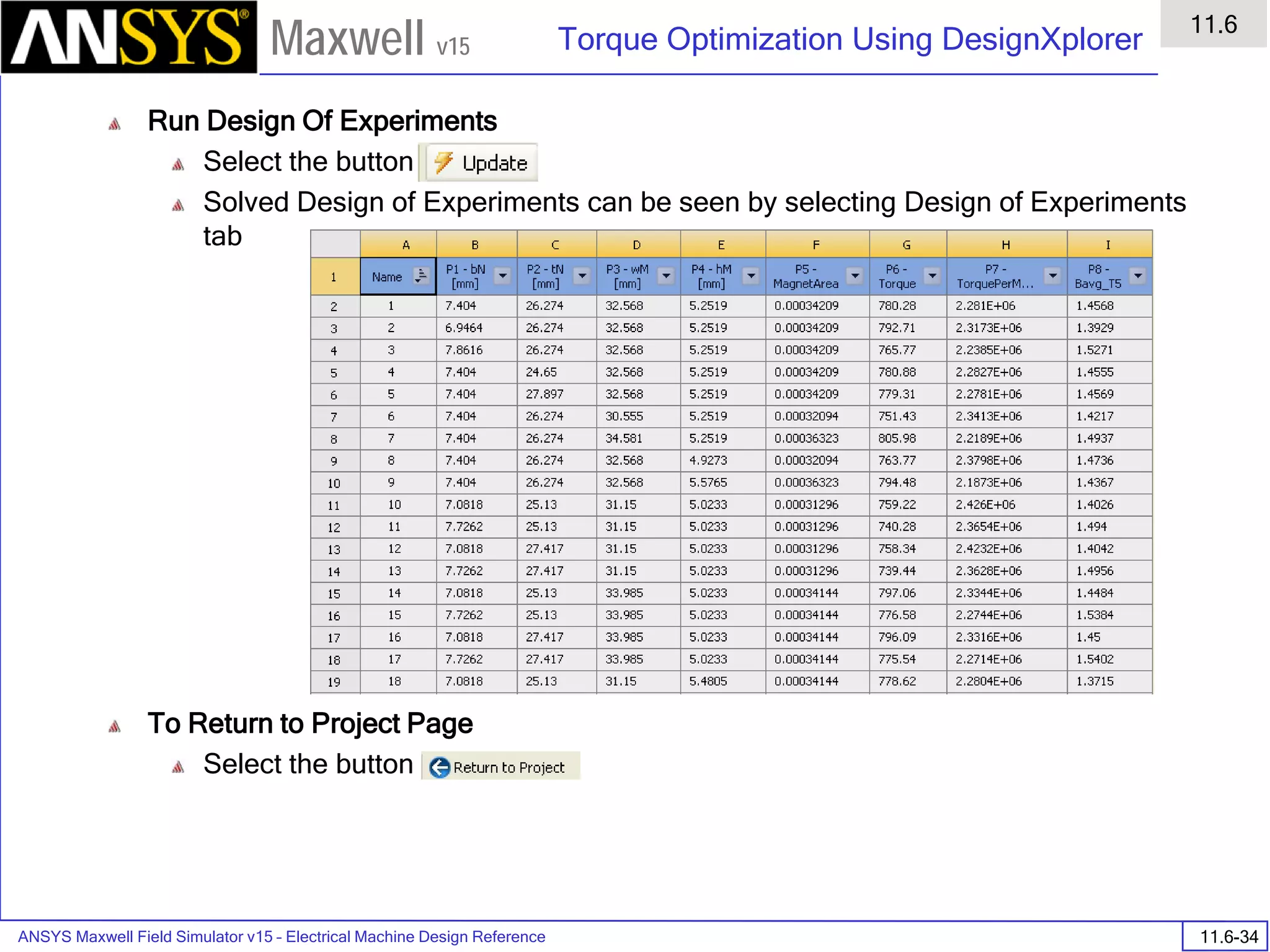 ANSYS Maxwell Field Simulator v15 – Electrical Machine Design Reference 11.6-34
Torque Optimization Using DesignXplorer
11.6
Maxwell v15
Run Design Of Experiments
Select the button
Solved Design of Experiments can be seen by selecting Design of Experiments
tab
To Return to Project Page
Select the button
 