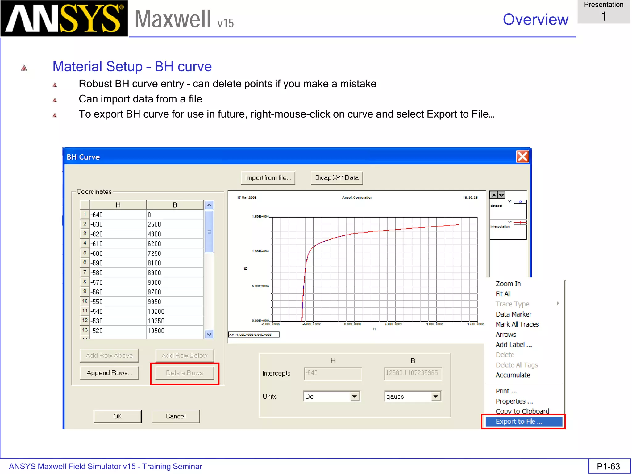 ANSYS Maxwell Field Simulator v15 – Training Seminar P1-63
Overview
Presentation
1
Maxwell v15
Material Setup – BH curve
Robust BH curve entry – can delete points if you make a mistake
Can import data from a file
To export BH curve for use in future, right-mouse-click on curve and select Export to File…
 