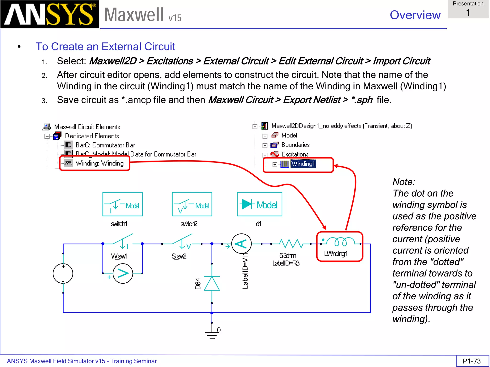 ANSYS Maxwell Field Simulator v15 – Training Seminar P1-73
Overview
Presentation
1
Maxwell v15
• To Create an External Circuit
1. Select: Maxwell2D > Excitations > External Circuit > Edit External Circuit > Import Circuit
2. After circuit editor opens, add elements to construct the circuit. Note that the name of the
Winding in the circuit (Winding1) must match the name of the Winding in Maxwell (Winding1)
3. Save circuit as *.amcp file and then Maxwell Circuit > Export Netlist > *.sph file.
0
LWinding15.3ohm
LabelID=R3
-
+
Model
V
switch2
V
S_sw2
D64
Model
d1
Model
I
switch1
I
W_sw1
LabelID=VI1
Note:
The dot on the
winding symbol is
used as the positive
reference for the
current (positive
current is oriented
from the "dotted"
terminal towards to
"un-dotted" terminal
of the winding as it
passes through the
winding).
 