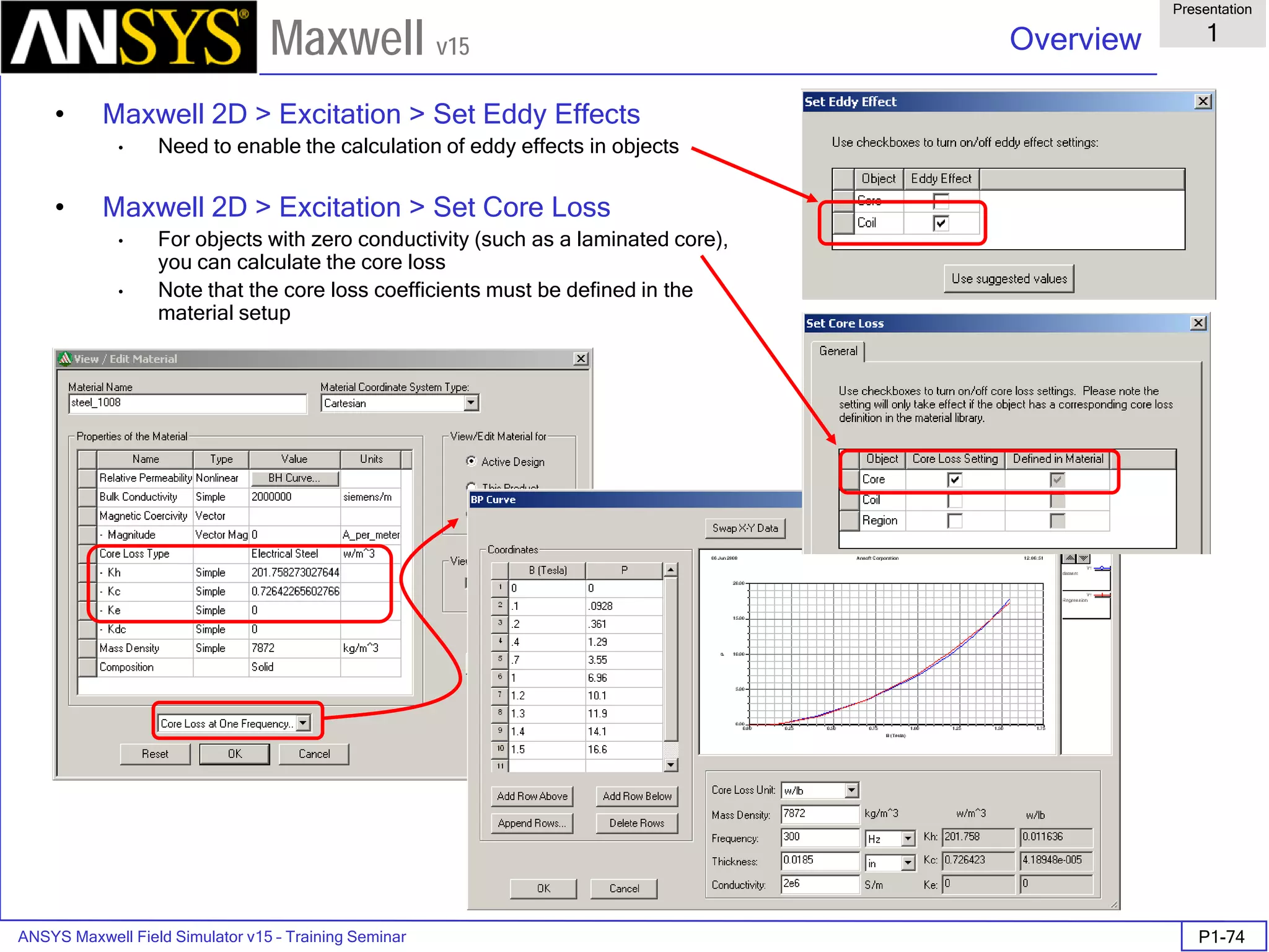 ANSYS Maxwell Field Simulator v15 – Training Seminar P1-74
Overview
Presentation
1
Maxwell v15
• Maxwell 2D > Excitation > Set Eddy Effects
• Need to enable the calculation of eddy effects in objects
• Maxwell 2D > Excitation > Set Core Loss
• For objects with zero conductivity (such as a laminated core),
you can calculate the core loss
• Note that the core loss coefficients must be defined in the
material setup
 