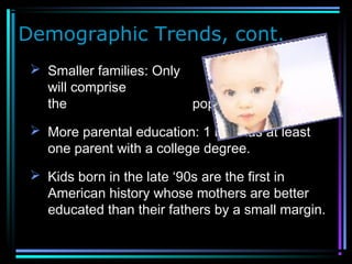 Demographic Trends, cont.
 Smaller families: Only children
will comprise about 10% of
the population.
 More parental education: 1 in 4 has at least
one parent with a college degree.
 Kids born in the late ‘90s are the first in
American history whose mothers are better
educated than their fathers by a small margin.
 