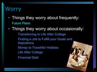 Worry
• Things they worry about frequently:
Future Plans
• Things they worry about occasionally:
Transitioning to Life After College
Finding a Job to Fulfill your Goals and
Aspirations
Money to Travel/for Hobbies
Life After College
Financial Debt
 