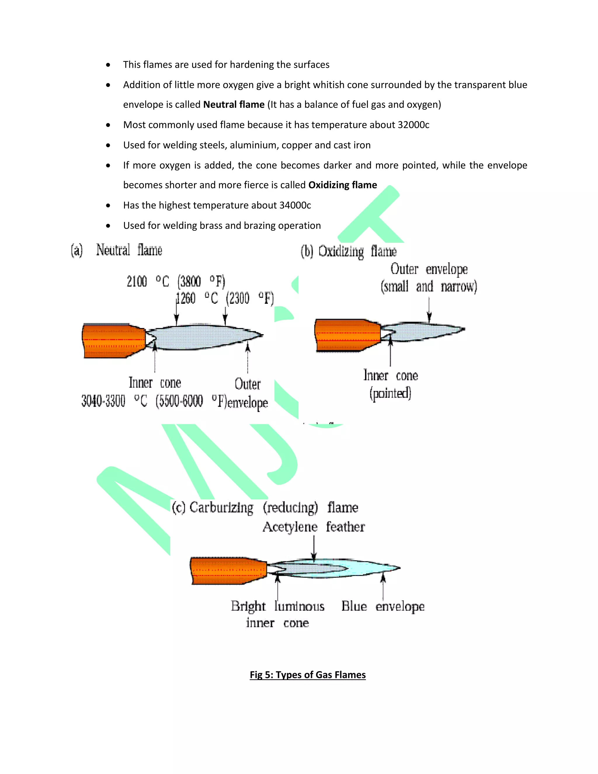  This flames are used for hardening the surfaces
 Addition of little more oxygen give a bright whitish cone surrounded by the transparent blue
envelope is called Neutral flame (It has a balance of fuel gas and oxygen)
 Most commonly used flame because it has temperature about 32000c
 Used for welding steels, aluminium, copper and cast iron
 If more oxygen is added, the cone becomes darker and more pointed, while the envelope
becomes shorter and more fierce is called Oxidizing flame
 Has the highest temperature about 34000c
 Used for welding brass and brazing operation
Fig 5: Types of Gas Flames
 
