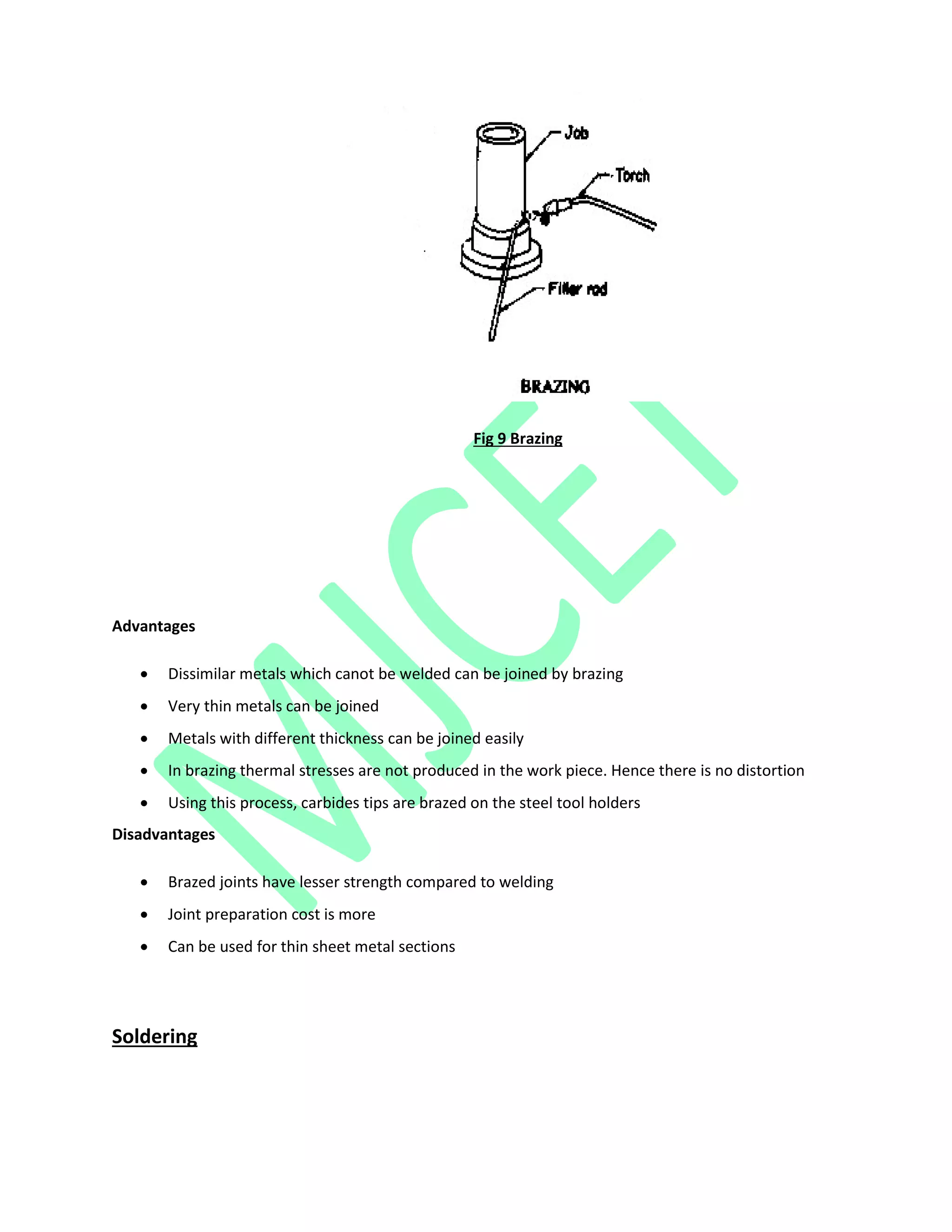 Fig 9 Brazing
Advantages
 Dissimilar metals which canot be welded can be joined by brazing
 Very thin metals can be joined
 Metals with different thickness can be joined easily
 In brazing thermal stresses are not produced in the work piece. Hence there is no distortion
 Using this process, carbides tips are brazed on the steel tool holders
Disadvantages
 Brazed joints have lesser strength compared to welding
 Joint preparation cost is more
 Can be used for thin sheet metal sections
Soldering
 