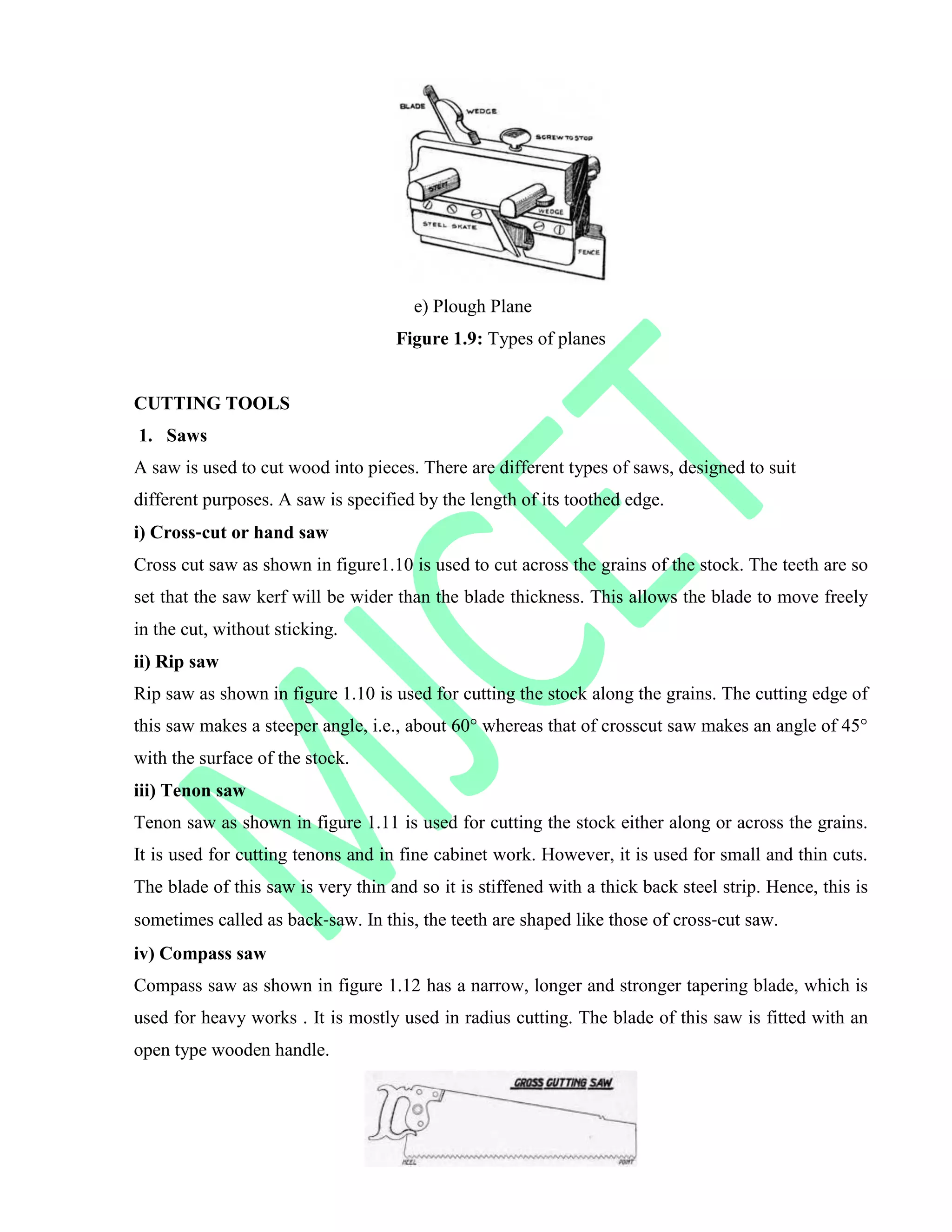 e) Plough Plane
Figure 1.9: Types of planes
CUTTING TOOLS
1. Saws
A saw is used to cut wood into pieces. There are different types of saws, designed to suit
different purposes. A saw is specified by the length of its toothed edge.
i) Cross‐cut or hand saw
Cross cut saw as shown in figure1.10 is used to cut across the grains of the stock. The teeth are so
set that the saw kerf will be wider than the blade thickness. This allows the blade to move freely
in the cut, without sticking.
ii) Rip saw
Rip saw as shown in figure 1.10 is used for cutting the stock along the grains. The cutting edge of
this saw makes a steeper angle, i.e., about 60° whereas that of crosscut saw makes an angle of 45°
with the surface of the stock.
iii) Tenon saw
Tenon saw as shown in figure 1.11 is used for cutting the stock either along or across the grains.
It is used for cutting tenons and in fine cabinet work. However, it is used for small and thin cuts.
The blade of this saw is very thin and so it is stiffened with a thick back steel strip. Hence, this is
sometimes called as back‐saw. In this, the teeth are shaped like those of cross‐cut saw.
iv) Compass saw
Compass saw as shown in figure 1.12 has a narrow, longer and stronger tapering blade, which is
used for heavy works . It is mostly used in radius cutting. The blade of this saw is fitted with an
open type wooden handle.
 