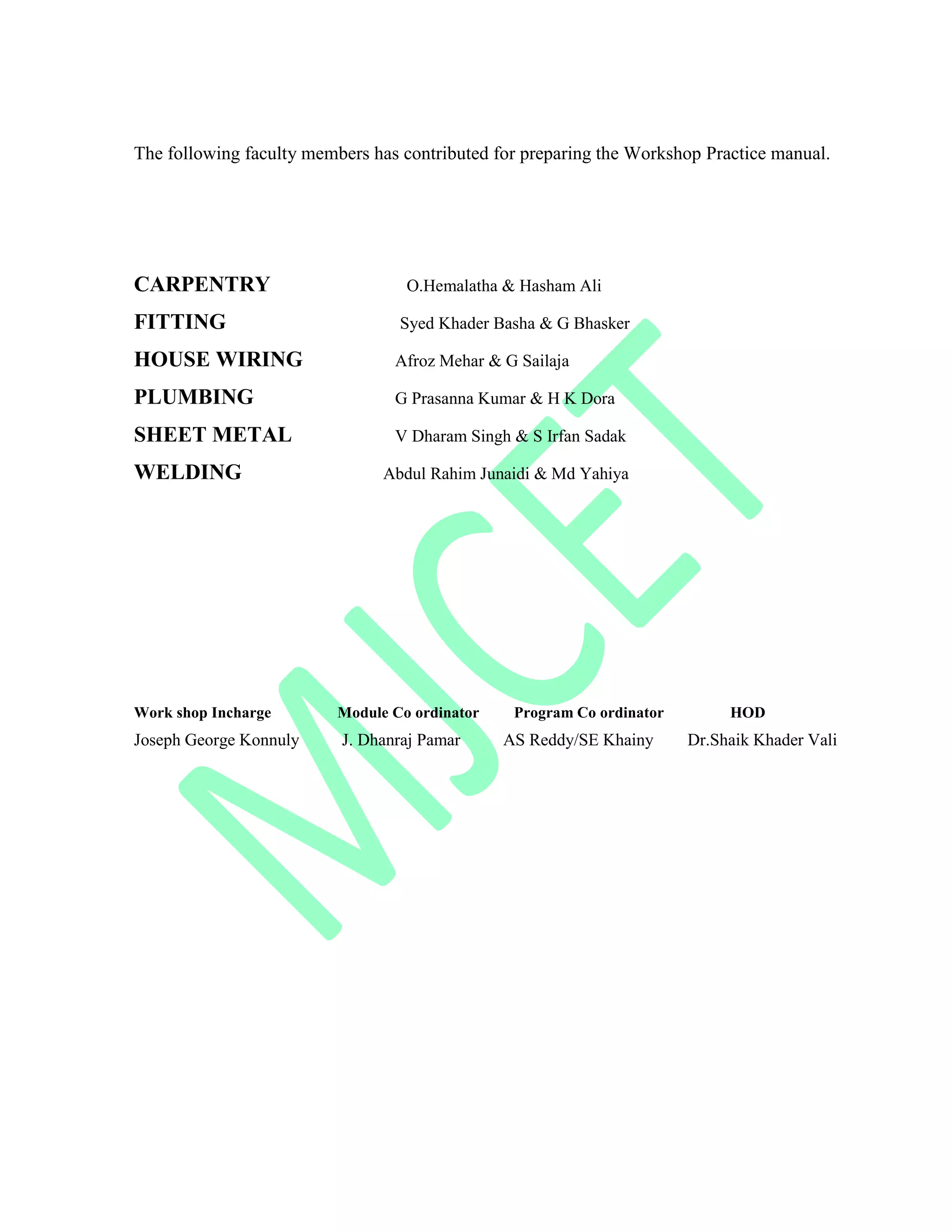 The following faculty members has contributed for preparing the Workshop Practice manual.
CARPENTRY O.Hemalatha & Hasham Ali
FITTING Syed Khader Basha & G Bhasker
HOUSE WIRING Afroz Mehar & G Sailaja
PLUMBING G Prasanna Kumar & H K Dora
SHEET METAL V Dharam Singh & S Irfan Sadak
WELDING Abdul Rahim Junaidi & Md Yahiya
Work shop Incharge Module Co ordinator Program Co ordinator HOD
Joseph George Konnuly J. Dhanraj Pamar AS Reddy/SE Khainy Dr.Shaik Khader Vali
 