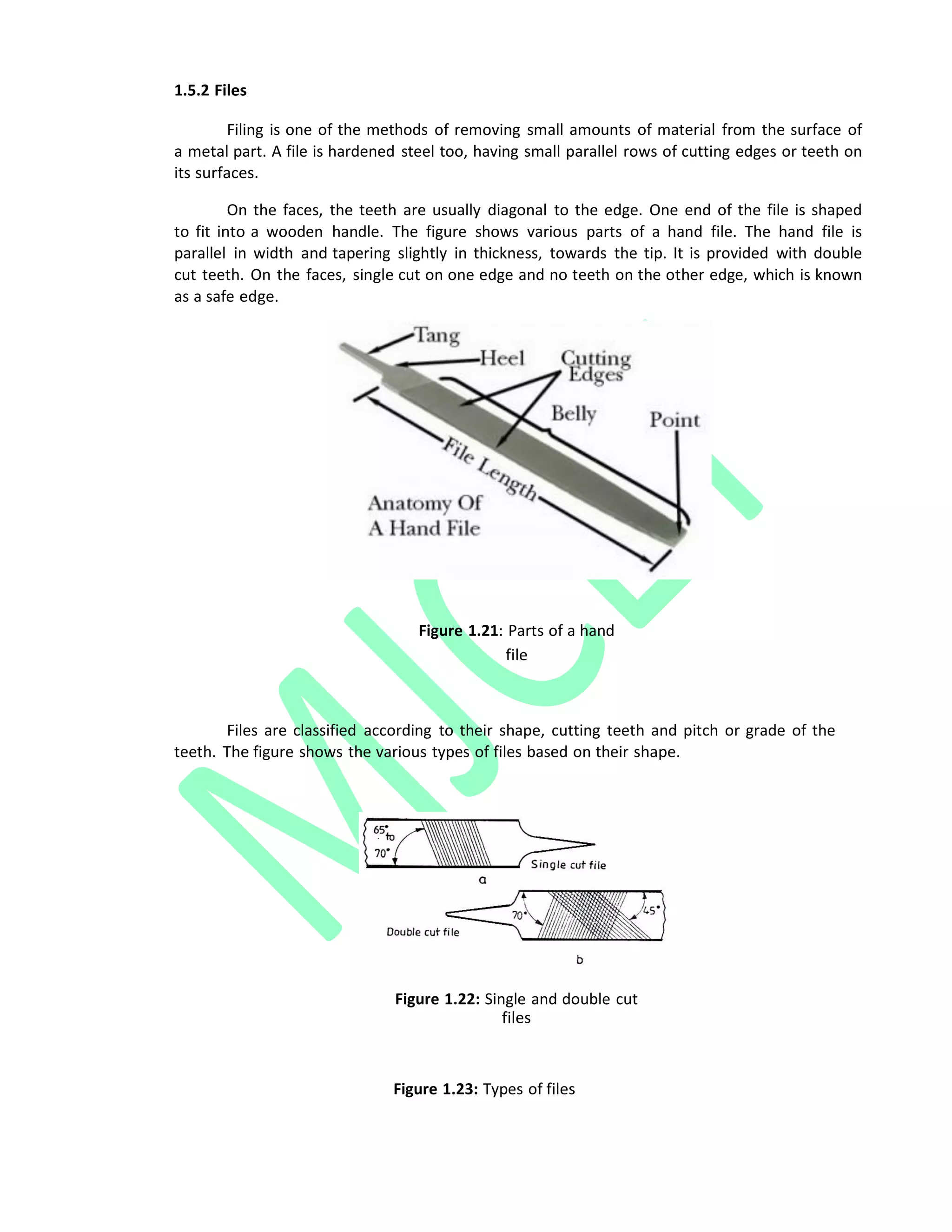 1.5.2 Files
Filing is one of the methods of removing small amounts of material from the surface of
a metal part. A file is hardened steel too, having small parallel rows of cutting edges or teeth on
its surfaces.
On the faces, the teeth are usually diagonal to the edge. One end of the file is shaped
to fit into a wooden handle. The figure shows various parts of a hand file. The hand file is
parallel in width and tapering slightly in thickness, towards the tip. It is provided with double
cut teeth. On the faces, single cut on one edge and no teeth on the other edge, which is known
as a safe edge.
Figure 1.21: Parts of a hand
file
Files are classified according to their shape, cutting teeth and pitch or grade of the
teeth. The figure shows the various types of files based on their shape.
Figure 1.22: Single and double cut
files
Figure 1.23: Types of files
 