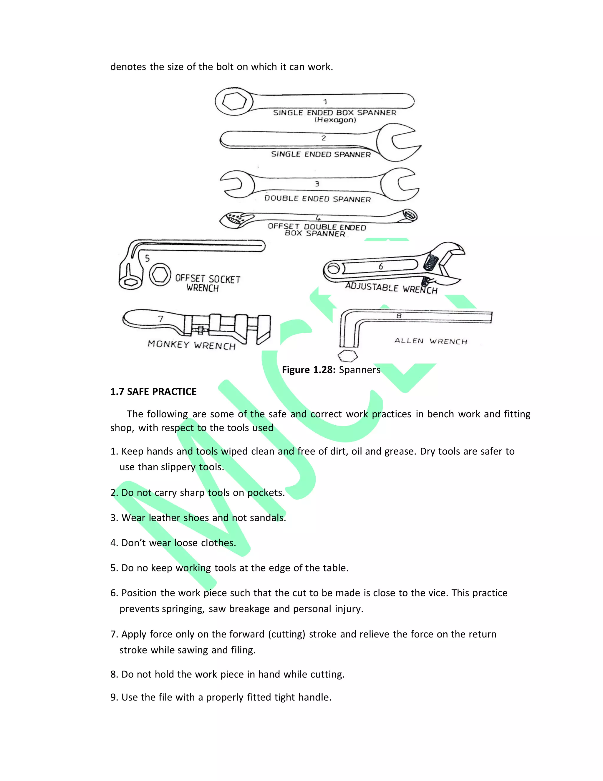 denotes the size of the bolt on which it can work.
1.7 SAFE PRACTICE
Figure 1.28: Spanners
The following are some of the safe and correct work practices in bench work and fitting
shop, with respect to the tools used
1. Keep hands and tools wiped clean and free of dirt, oil and grease. Dry tools are safer to
use than slippery tools.
2. Do not carry sharp tools on pockets.
3. Wear leather shoes and not sandals.
4. Don’t wear loose clothes.
5. Do no keep working tools at the edge of the table.
6. Position the work piece such that the cut to be made is close to the vice. This practice
prevents springing, saw breakage and personal injury.
7. Apply force only on the forward (cutting) stroke and relieve the force on the return
stroke while sawing and filing.
8. Do not hold the work piece in hand while cutting.
9. Use the file with a properly fitted tight handle.
 