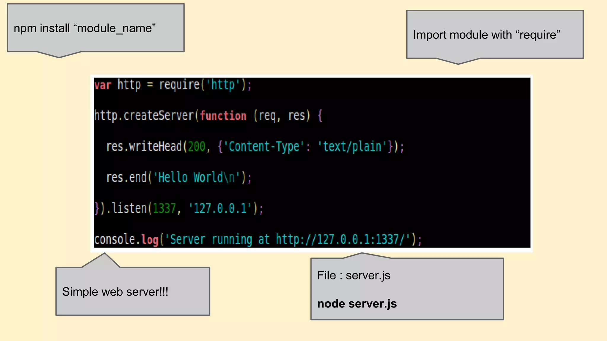 npm install “module_name”

Import module with “require”

File : server.js
Simple web server!!!

node server.js

 
