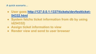 A quick scenario…

● User goes http://127.0.0.1:1337/tickets/devfestticket54332.html
● System fetchs ticket information from db by using
id(54332)
● Assign ticket information to view
● Render view and send to user browser

 