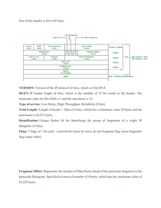 Size of the header is 20 to 60 bytes.
VERSION: Version of the IP protocol (4 bits), which is 4 for IPv4
HLEN: IP header length (4 bits), which is the number of 32 bit words in the header. The
minimum value for this field is 5 and the maximum is 15.
Type of service: Low Delay, High Throughput, Reliability (8 bits)
Total Length: Length of header + Data (16 bits), which has a minimum value 20 bytes and the
maximum is 65,535 bytes.
Identification: Unique Packet Id for identifying the group of fragments of a single IP
datagram (16 bits)
Flags: 3 flags of 1 bit each : reserved bit (must be zero), do not fragment flag, more fragments
flag (same order)
Fragment Offset: Represents the number of Data Bytes ahead of the particular fragment in the
particular Datagram. Specified in terms of number of 8 bytes, which has the maximum value of
65,528 bytes.
 