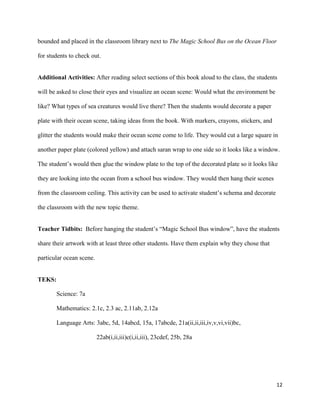 bounded and placed in the classroom library next to The Magic School Bus on the Ocean Floor

for students to check out.


Additional Activities: After reading select sections of this book aloud to the class, the students

will be asked to close their eyes and visualize an ocean scene: Would what the environment be

like? What types of sea creatures would live there? Then the students would decorate a paper

plate with their ocean scene, taking ideas from the book. With markers, crayons, stickers, and

glitter the students would make their ocean scene come to life. They would cut a large square in

another paper plate (colored yellow) and attach saran wrap to one side so it looks like a window.

The student’s would then glue the window plate to the top of the decorated plate so it looks like

they are looking into the ocean from a school bus window. They would then hang their scenes

from the classroom ceiling. This activity can be used to activate student’s schema and decorate

the classroom with the new topic theme.


Teacher Tidbits: Before hanging the student’s “Magic School Bus window”, have the students

share their artwork with at least three other students. Have them explain why they chose that

particular ocean scene.


TEKS:

       Science: 7a

       Mathematics: 2.1c, 2.3 ac, 2.11ab, 2.12a

       Language Arts: 3abc, 5d, 14abcd, 15a, 17abcde, 21a(ii,ii,iii,iv,v,vi,vii)bc,

                          22ab(i,ii,iii)c(i,ii,iii), 23cdef, 25b, 28a




                                                                                                  12
 