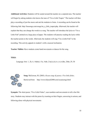 Additional Activities: Students will be seated around the teacher on a carpeted area. The teacher

will begin by asking students who knows the tune of “I’m a Little Teapot.” The teacher will then

play a recording of just the music and ask the students to listen. A recording can be found at the

following link: http://bussongs.com/songs/im_a_little_teapot.php. Afterward, the teacher will

explain that they can change the words to a song. The teacher will introduce the lyrics to “I’m a

Little Fish” printed on a large piece of paper. The students will practice reading the lyrics while

the teacher points to the words. Afterward, the students will sing “I’m a Little Fish” to the

recording. This activity appeals to student’s with a musical inclination.


Teacher Tidbits: Have students create hand movements or dances for the song.



TEKS:

       Language Arts: 1, 2h, 4, 14abcd, 15a, 16ab, 21a(i,ii,iii,iv,v,vi,vii)bc, 28ab, 29, 30




                  Song: McGowan, M. (2003). Ocean songs & poetry: Five little fishes.

                  Retrieved from     http://www.kllynch2000.com/oceansongs.html




Synopsis: The short poem, “Five Little Fishes”, uses numbers and movements to tell a fun fish

story. Students may interact with the poem by counting on their fingers, answering in unison, and

following alone with physical movements:




                                                                                                  22
 