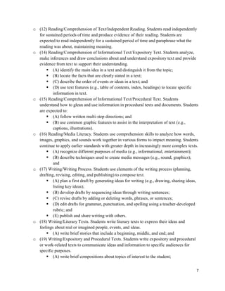 o (12) Reading/Comprehension of Text/Independent Reading. Students read independently
  for sustained periods of time and produce evidence of their reading. Students are
  expected to read independently for a sustained period of time and paraphrase what the
  reading was about, maintaining meaning.
o (14) Reading/Comprehension of Informational Text/Expository Text. Students analyze,
  make inferences and draw conclusions about and understand expository text and provide
  evidence from text to support their understanding.
       (A) identify the main idea in a text and distinguish it from the topic;
       (B) locate the facts that are clearly stated in a text;
       (C) describe the order of events or ideas in a text; and
       (D) use text features (e.g., table of contents, index, headings) to locate specific
          information in text.
o (15) Reading/Comprehension of Informational Text/Procedural Text. Students
  understand how to glean and use information in procedural texts and documents. Students
  are expected to:
       (A) follow written multi-step directions; and
       (B) use common graphic features to assist in the interpretation of text (e.g.,
          captions, illustrations).
o (16) Reading/Media Literacy. Students use comprehension skills to analyze how words,
  images, graphics, and sounds work together in various forms to impact meaning. Students
  continue to apply earlier standards with greater depth in increasingly more complex texts.
       (A) recognize different purposes of media (e.g., informational, entertainment);
       (B) describe techniques used to create media messages (e.g., sound, graphics);
          and
o (17) Writing/Writing Process. Students use elements of the writing process (planning,
  drafting, revising, editing, and publishing) to compose text.
       (A) plan a first draft by generating ideas for writing (e.g., drawing, sharing ideas,
          listing key ideas);
       (B) develop drafts by sequencing ideas through writing sentences;
       (C) revise drafts by adding or deleting words, phrases, or sentences;
       (D) edit drafts for grammar, punctuation, and spelling using a teacher-developed
          rubric; and
       (E) publish and share writing with others.
o (18) Writing/Literary Texts. Students write literary texts to express their ideas and
  feelings about real or imagined people, events, and ideas.
       (A) write brief stories that include a beginning, middle, and end; and
o (19) Writing/Expository and Procedural Texts. Students write expository and procedural
  or work-related texts to communicate ideas and information to specific audiences for
  specific purposes.
       (A) write brief compositions about topics of interest to the student;


                                                                                           7
 