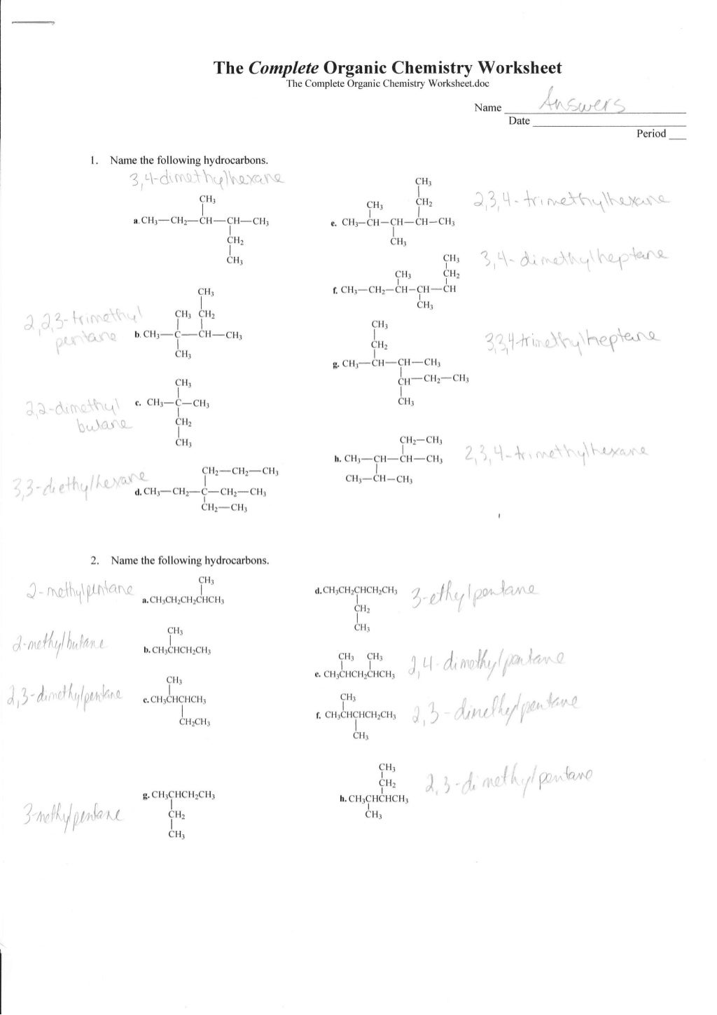 Complete organic chemistry worksheet answers