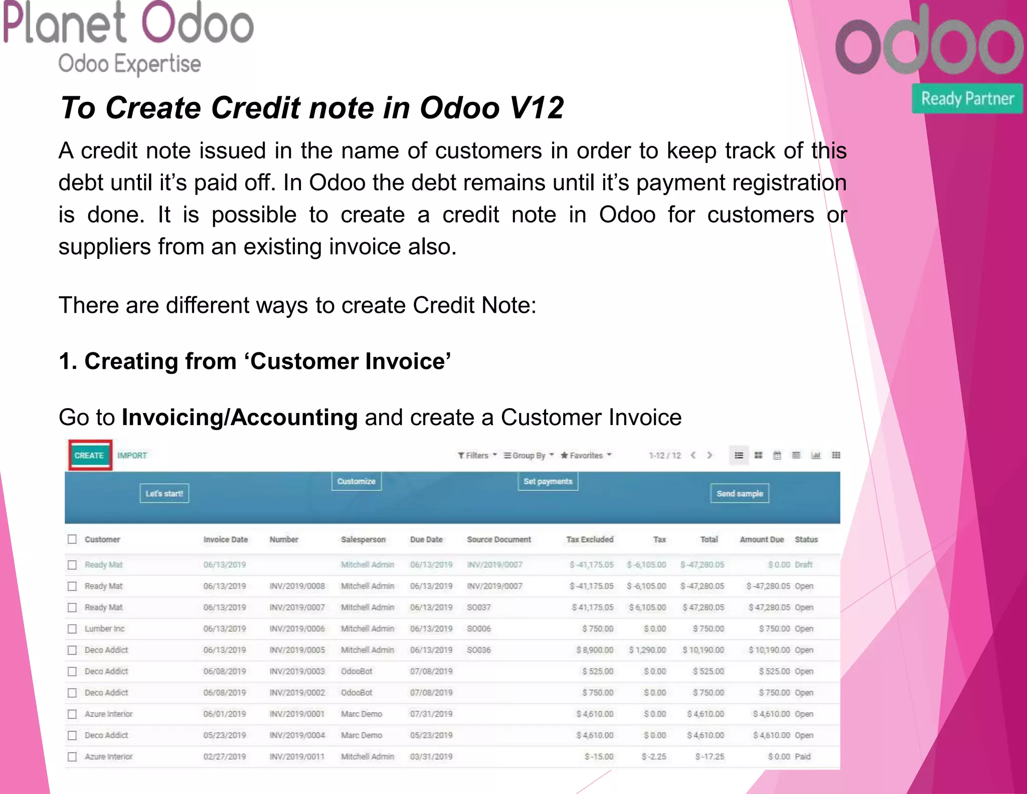 To Create Credit note in Odoo V12
A credit note issued in the name of customers in order to keep track of this
debt until it’s paid off. In Odoo the debt remains until it’s payment registration
is done. It is possible to create a credit note in Odoo for customers or
suppliers from an existing invoice also.
There are different ways to create Credit Note:
1. Creating from ‘Customer Invoice’
Go to Invoicing/Accounting and create a Customer Invoice
 