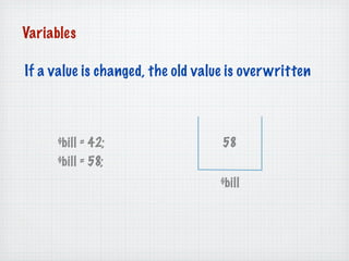 Variables

If a value is changed, the old value is over written



      $bill = 42;                   58
      $bill = 58...