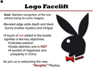 Logo Facelift
Goal: Maintain recognition of the icon
without losing its iconic imagery.

•Beveled edge adds depth and black
 bunny evokes mystery and intrigue

•A touch of red added to the bowtie
 signifies a few key objectives:
    Indicates passion
    Grabs attention and is HOT
    A symbol of happiness and
      prosperity in China

So join us in welcoming the new,
                     “Naughty” Playboy.
 