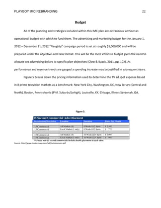 PLAYBOY IMC REBRANDING                                                                                 22


                                                         Budget

         All of the planning and strategies included within this IMC plan are extraneous without an

operational budget with which to fund them. The advertising and marketing budget for the January 1,

2012 – December 31, 2012 “Naughty” campaign period is set at roughly $1,000,000 and will be

prepared under the objective-and-task format. This will be the most effective budget given the need to

allocate set advertising dollars to specific plan objectives (Clow & Baack, 2011, pp. 102). As

performance and revenue trends are gauged a spending increase may be justified in subsequent years.

         Figure 5 breaks down the pricing information used to determine the TV ad spot expense based

in 8 prime television markets as a benchmark: New York City, Washington, DC, New Jersey (Central and

North), Boston, Pennsylvania (Phil. Suburbs/Lehigh), Louisville, KY, Chicago, Illinois Savannah, GA.




                                                         Figure 5.




Source: http://www.modernsage.com/pdf/adratesheets.pdf
 