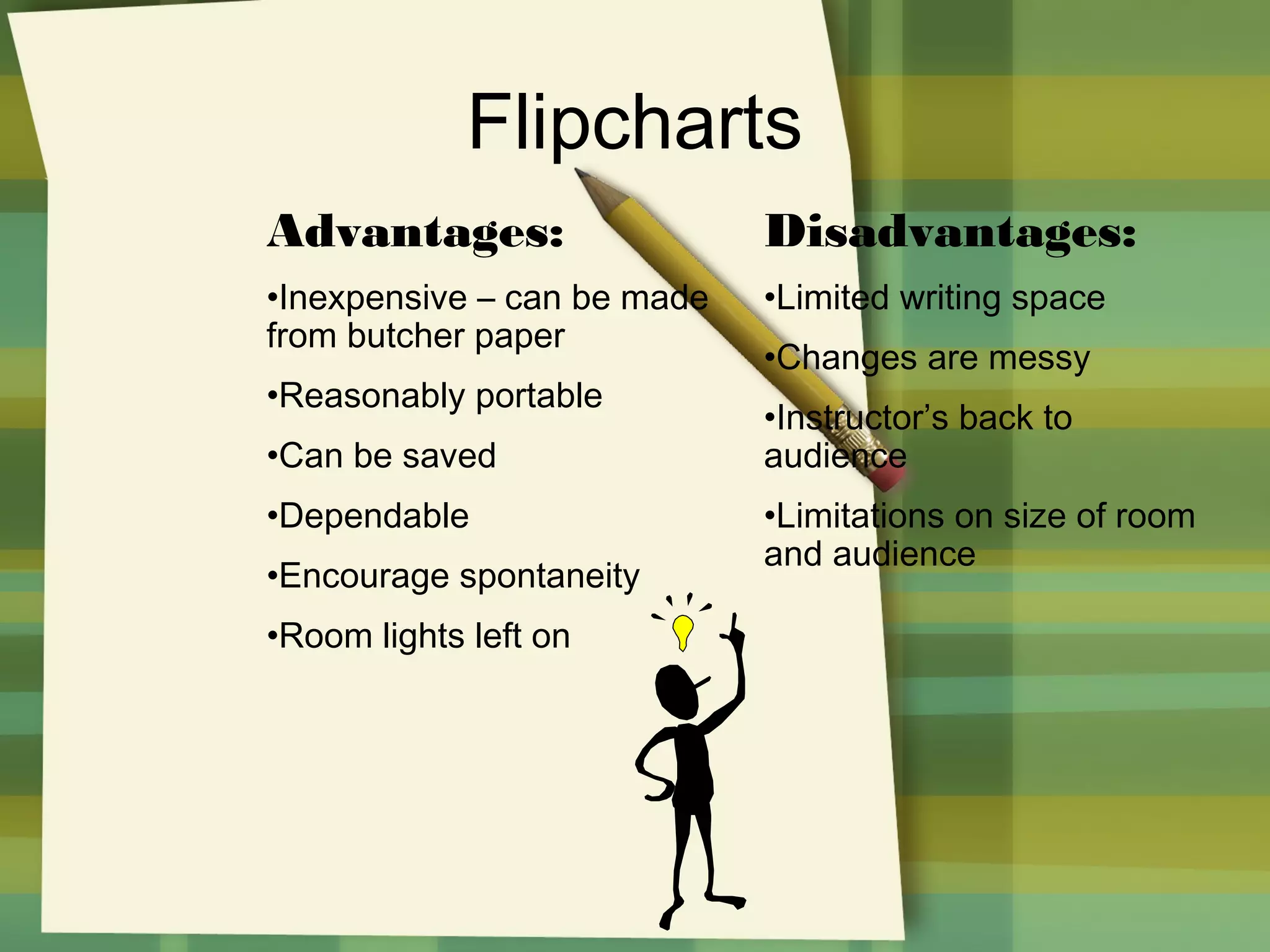 Flipcharts
Advantages:

Disadvantages:

•Inexpensive – can be made
from butcher paper

•Limited writing space

•Reasonably portable
•Can be saved
•Dependable
•Encourage spontaneity
•Room lights left on

•Changes are messy
•Instructor’s back to
audience
•Limitations on size of room
and audience

 