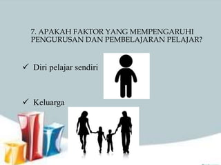  Diri pelajar sendiri
 Keluarga
7. APAKAH FAKTOR YANG MEMPENGARUHI
PENGURUSAN DAN PEMBELAJARAN PELAJAR?
 
