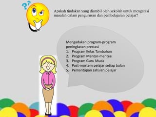 Apakah tindakan yang diambil oleh sekolah untuk mengatasi
masalah dalam pengurusan dan pembelajaran pelajar?
Mengadakan program-program
peningkatan prestasi
1. Program Kelas Tambahan
2. Program Mentor-mentee
3. Program Guru Muda
4. Post-mortem pelajar setiap bulan
5. Pemantapan sahsiah pelajar
 