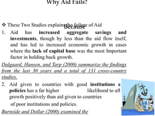 WhyAidFails?
Because These Two Studies explains the failure of Aid
1. Aid has increased aggregate savings and
investments, though by less than the aid flow itself,
and has led to increased economic growth in cases
where the lack of capital base was the most Important
factor in holding back growth.
Dalgaard, Hansen, and Tarp (2000) summarize the findings
from the last 30 years and a total of 131 cross-country
studies.
2. Aid given to countries with good institutions and
policies has a far higher likelihood to affect
growth positively than aid given to countries
of poor institutions and policies.
Burnside and Dollar (2000) examined the
 