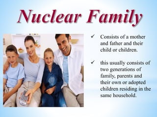  Consists of a mother
and father and their
child or children.
 this usually consists of
two generations of
family, parents and
their own or adopted
children residing in the
same household.
 